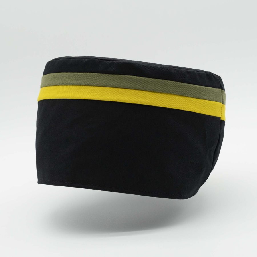 Rasta hat without visor in black cotton with two thin yellow and green stripes on the top of the tam Jamaica colors