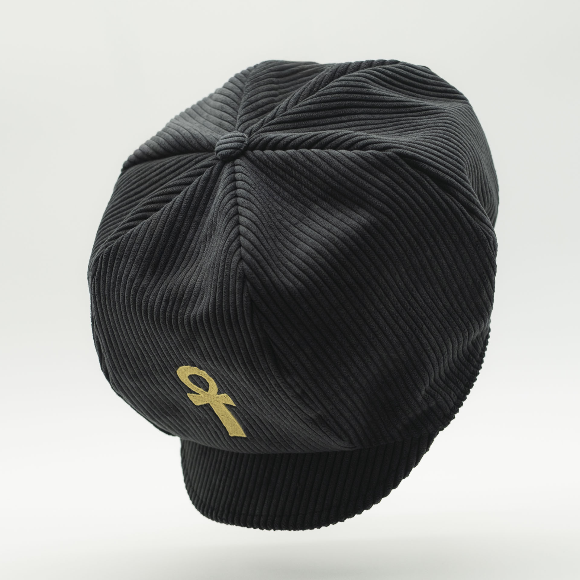 Anthracite corduroy rasta cap for dreadlocks with gold Ankh embroidery