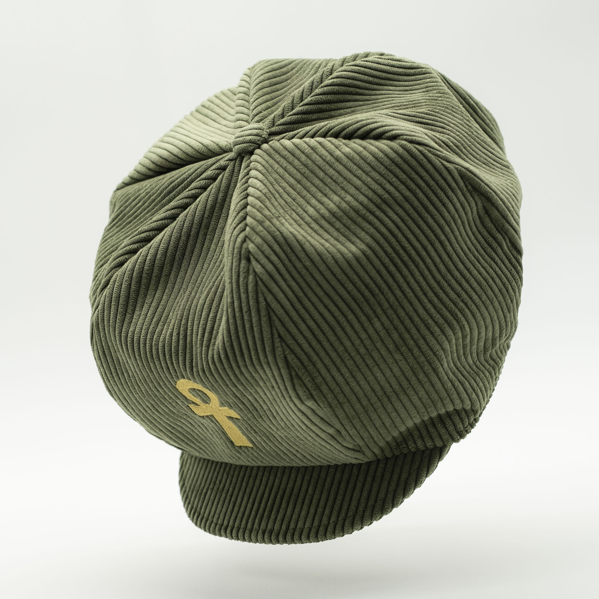 Khaki corduroy rasta hat for dreads with gold Ankh embroidery