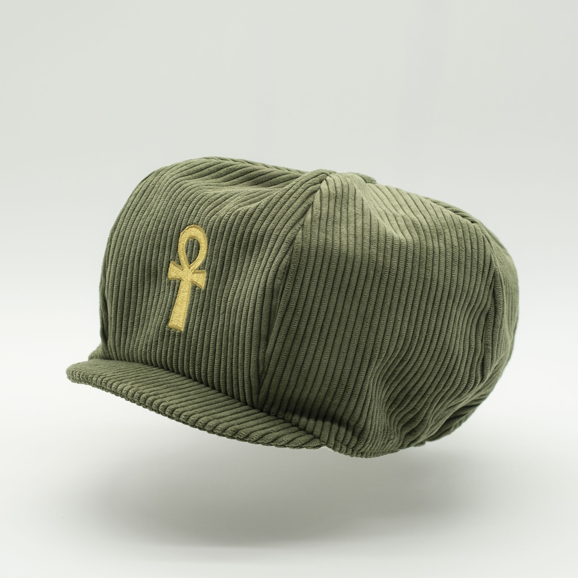 Khaki corduroy rasta hat for dreads with gold Ankh embroidery