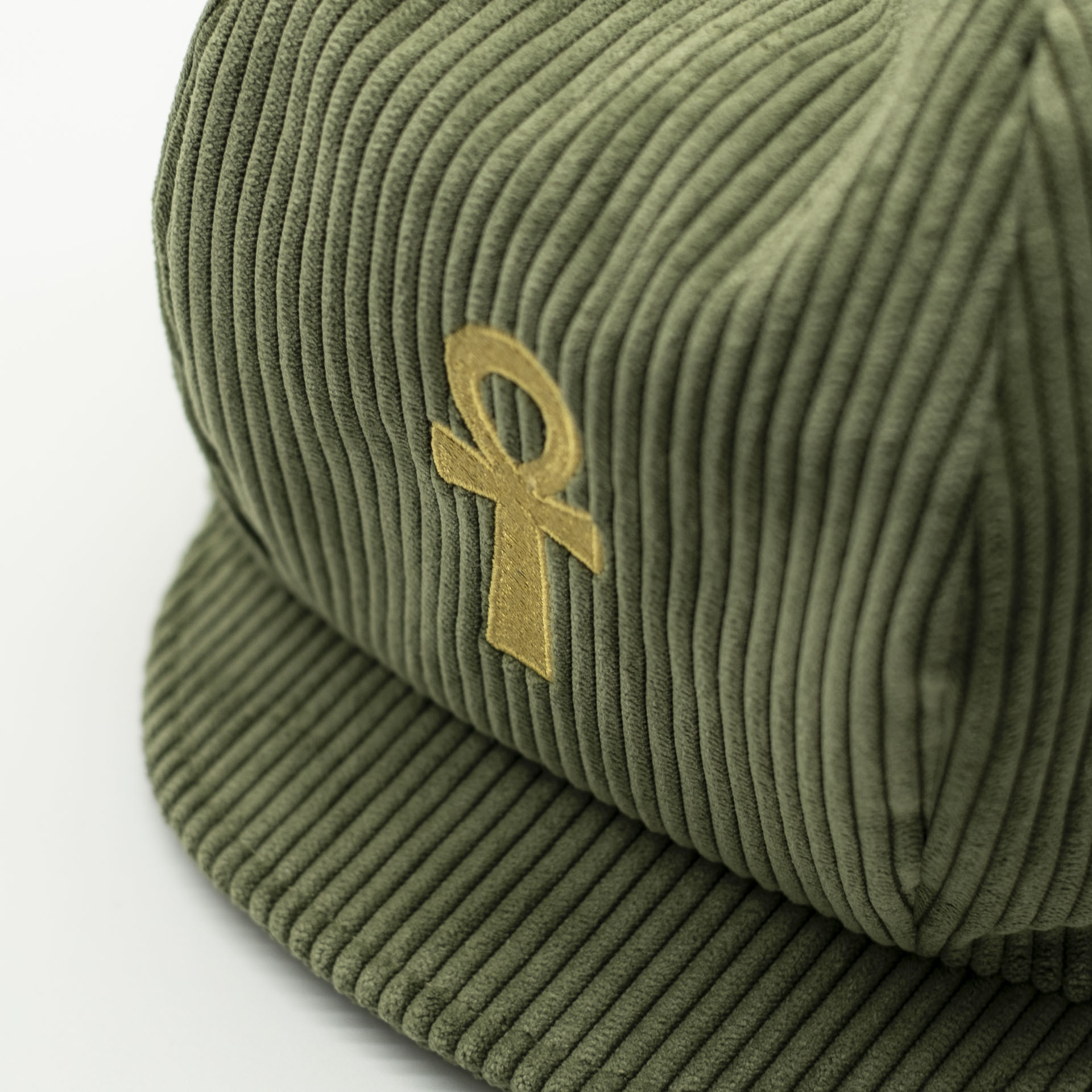 Khaki corduroy rasta hat for dreads with gold Ankh embroidery