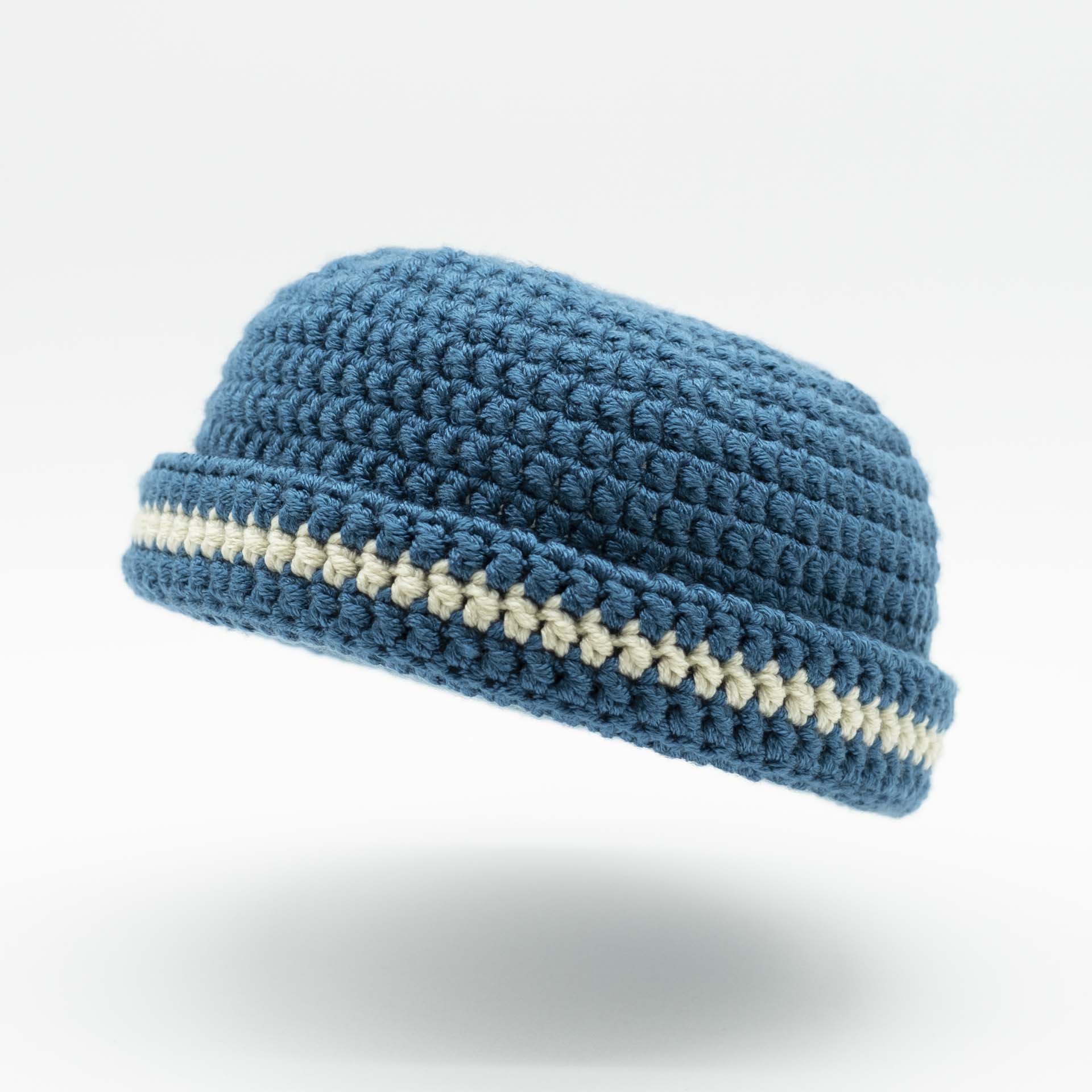 Beanie wool Rasta hat in blue with a thin cream stripe on the hem