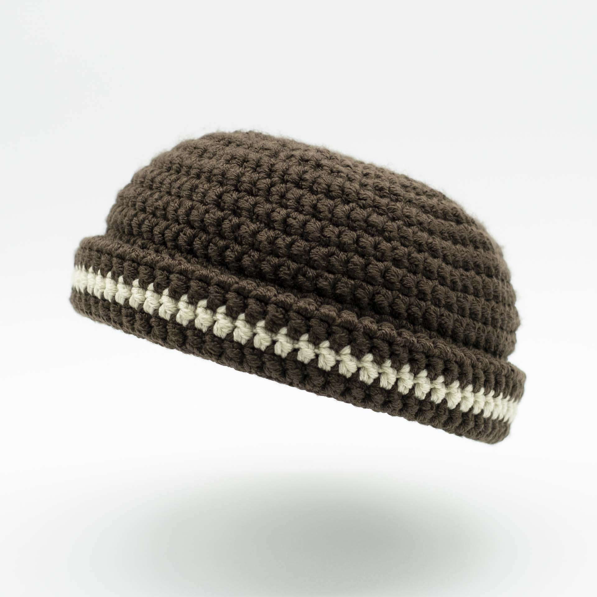 Beanie wool Rasta hat in brown with a thin cream stripe on the hem