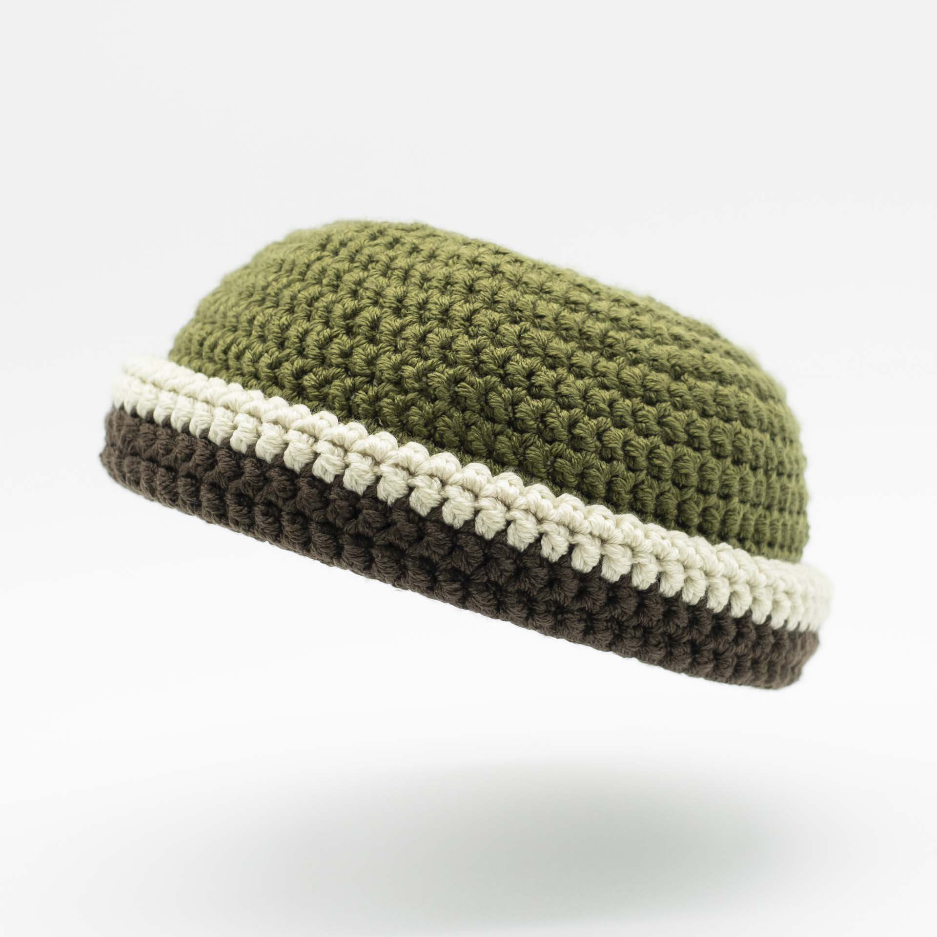 Beanie wool Rasta hat in khaki green with a cream and brown hem
