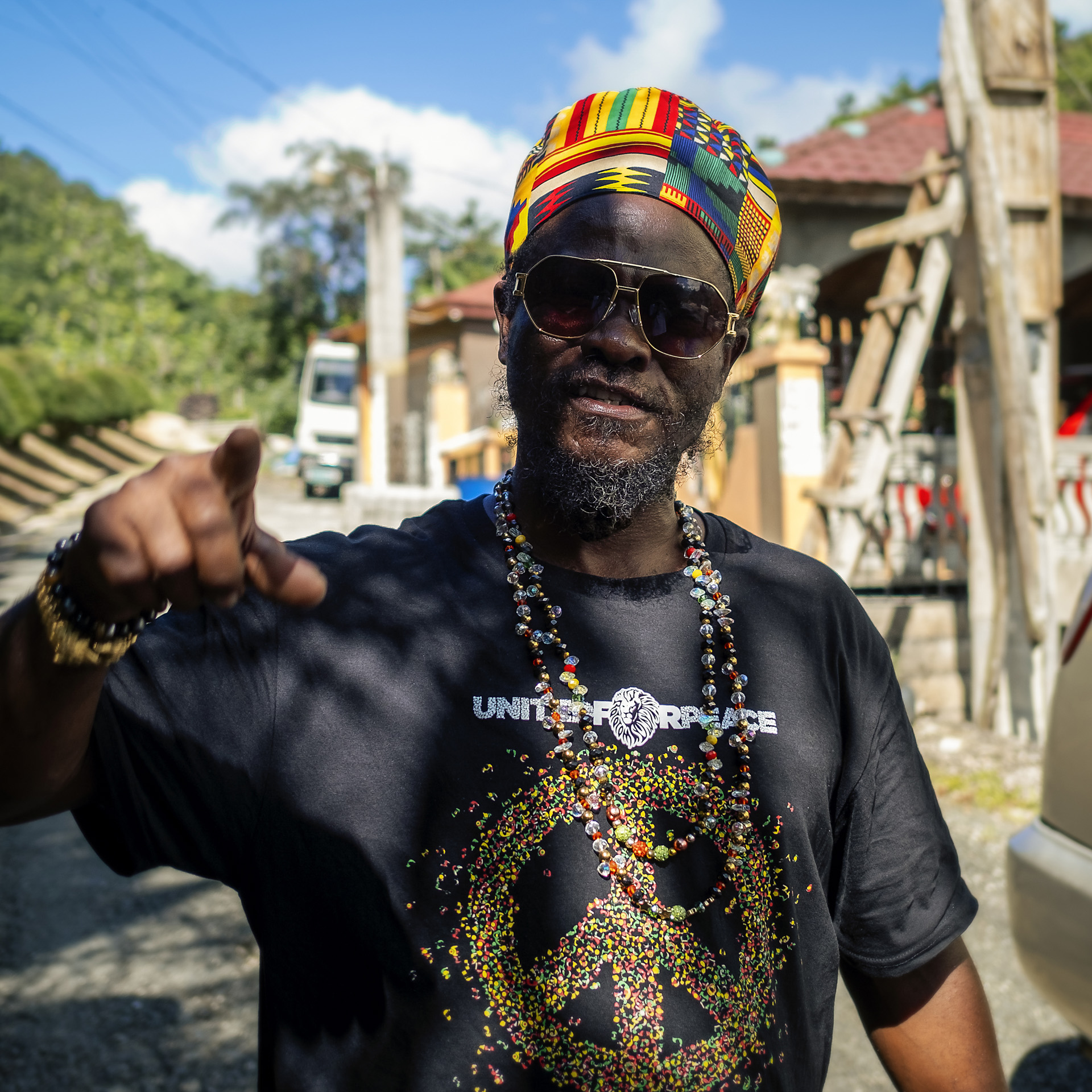 Kush McAnuff from Inna de Yard wearing a traditional dreadlocks hat in the streets of Trelawny