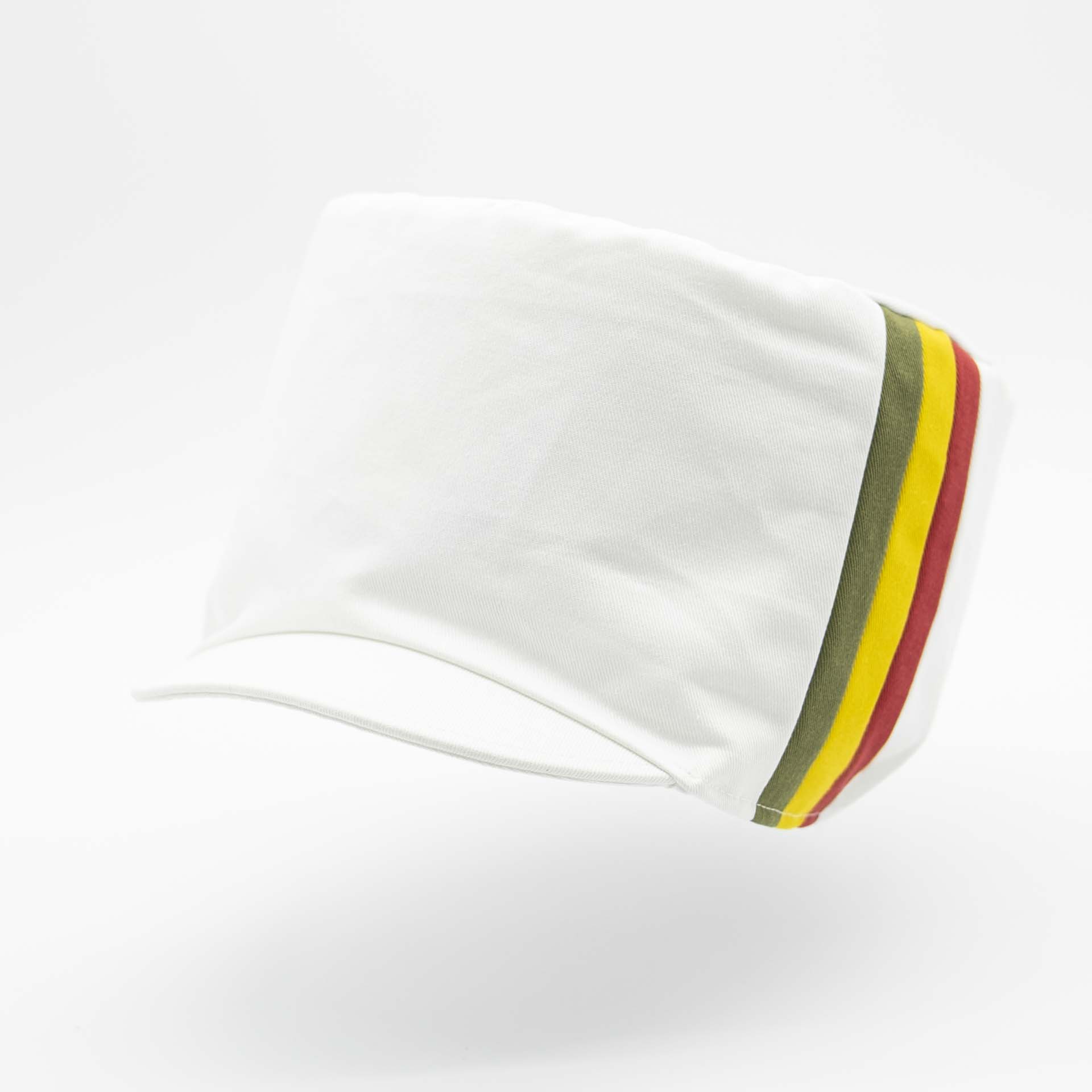 Rasta hat with visor for dreadlocks in white cotton with three stripes green yellow red on one side of the hat and white lining