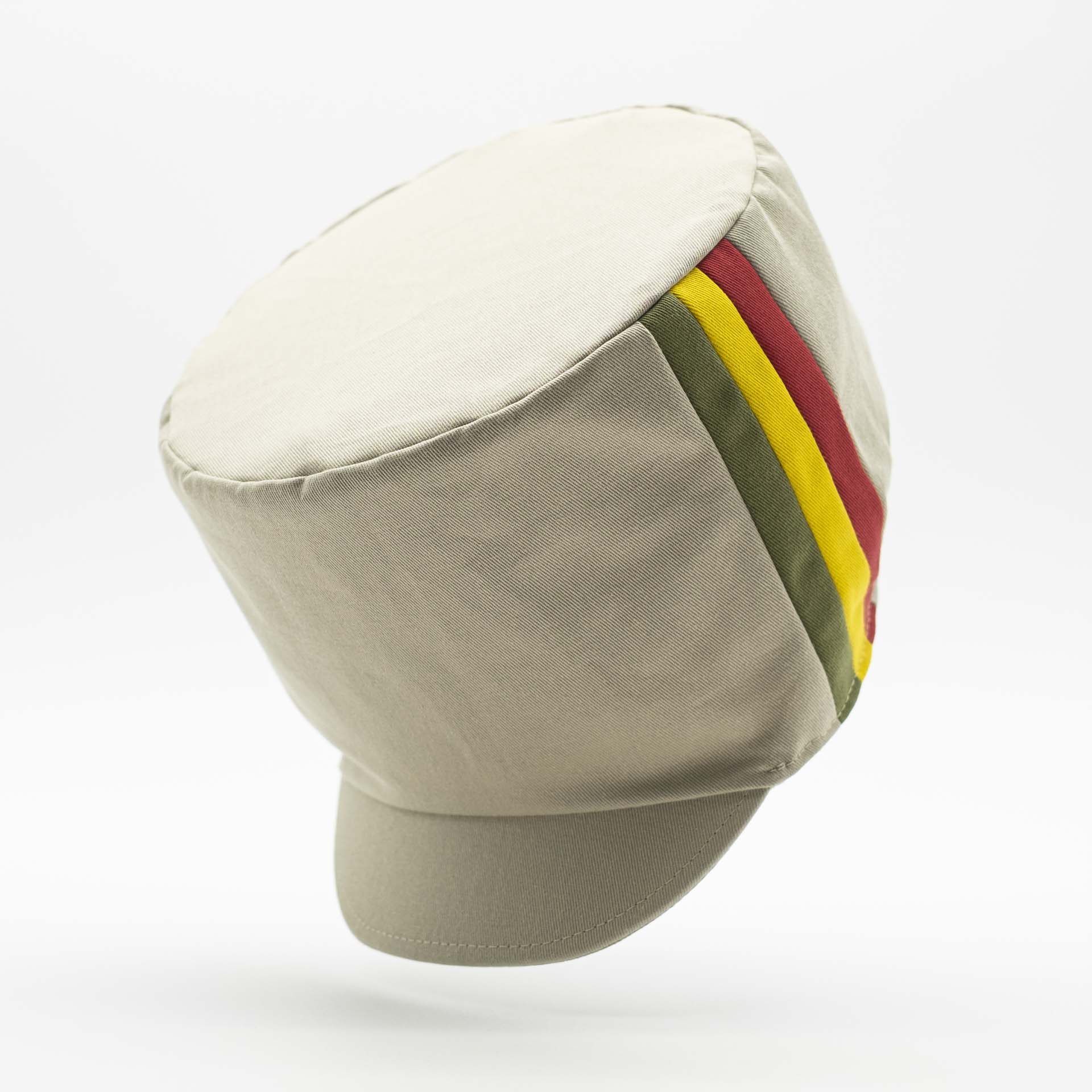 Dreads hat for dreadlocks in beige cotton with three green yellow red stripes on one side of the hat and ecru lining