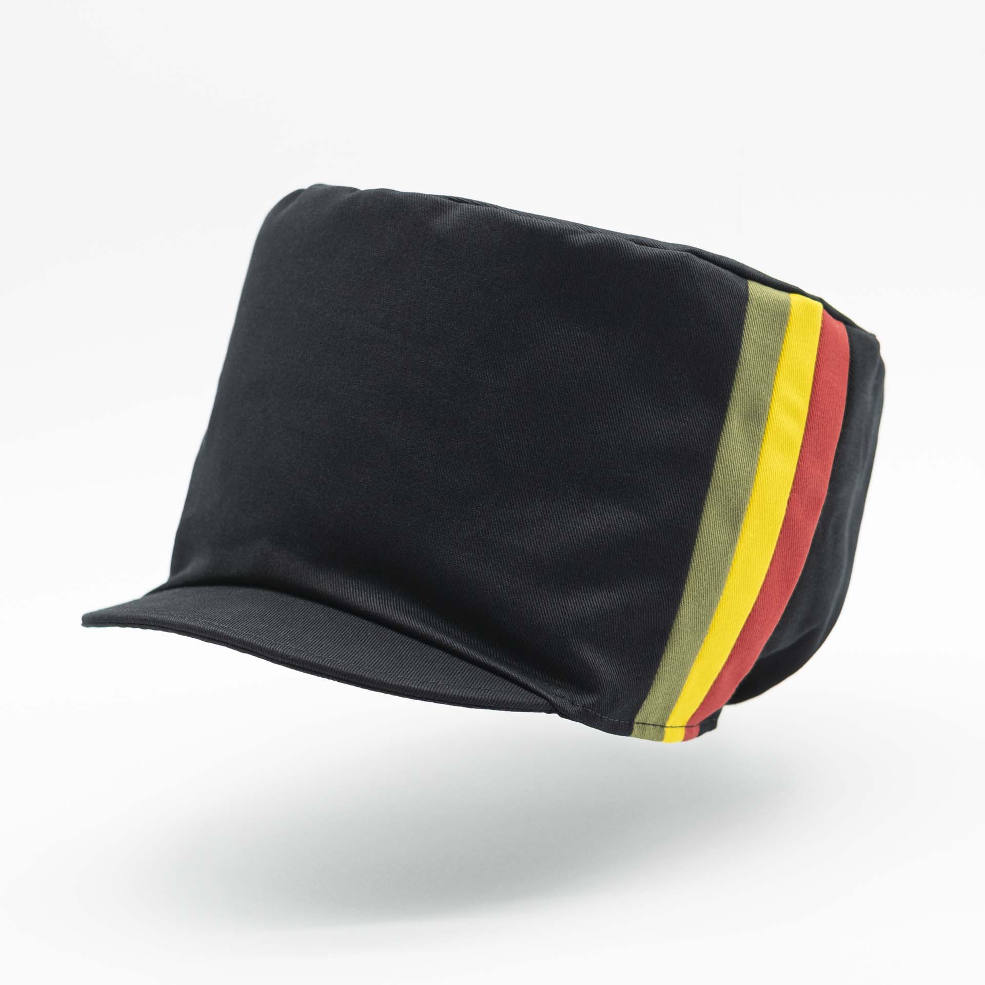 Rasta hat for dreadlocks in black cotton with three stripes green yellow red on one side of the hat and black lining