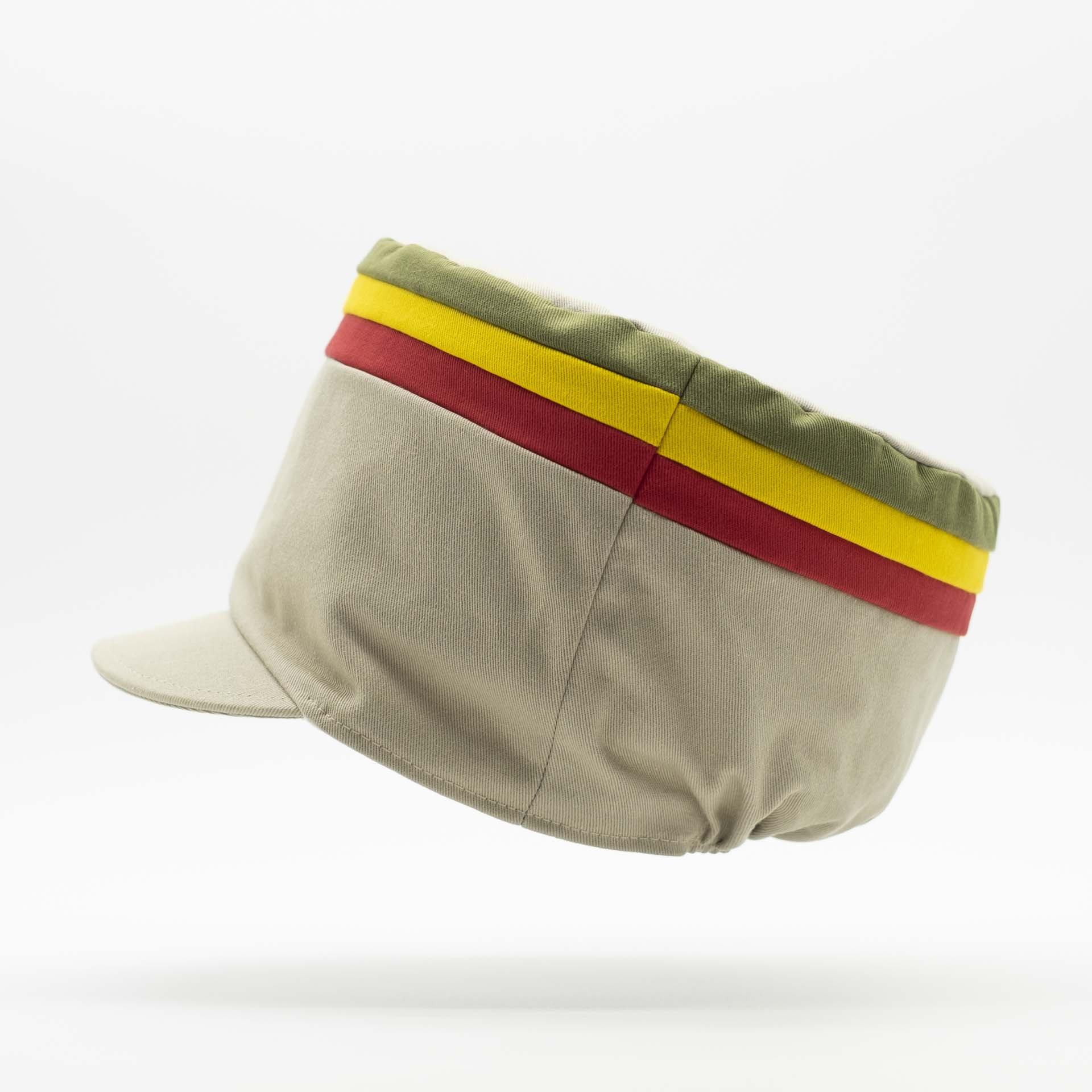 Rasta hat with visor for dreadlocks in beige cotton with three red yellow green stripes on the top of the hat and ecru lining