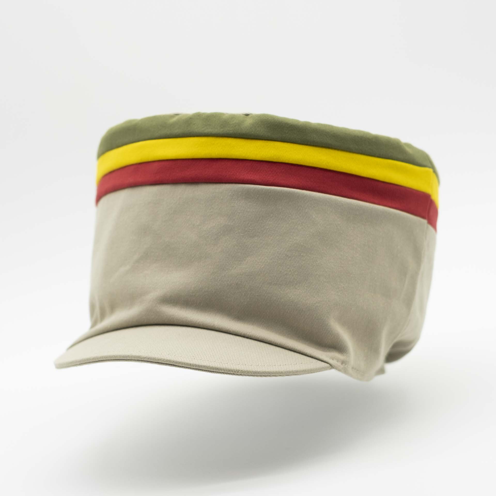 Rasta hat with visor for dreadlocks in beige cotton with three red yellow green stripes on the top of the hat and ecru lining