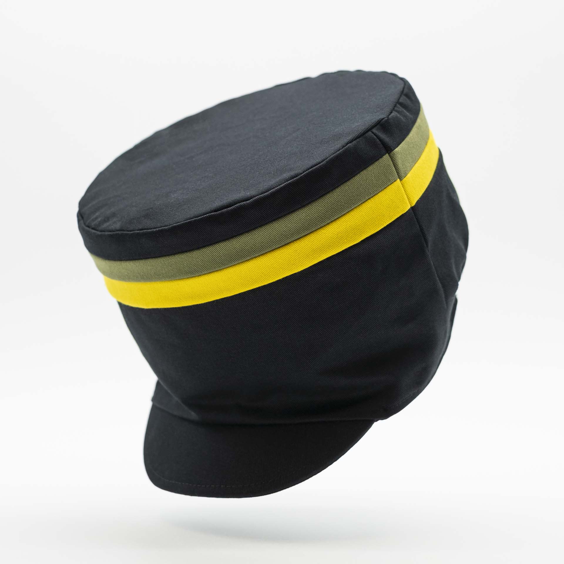 Rasta hat with visor for dreadlocks in black cotton with two yellow green bands on the top of the hat and black lining