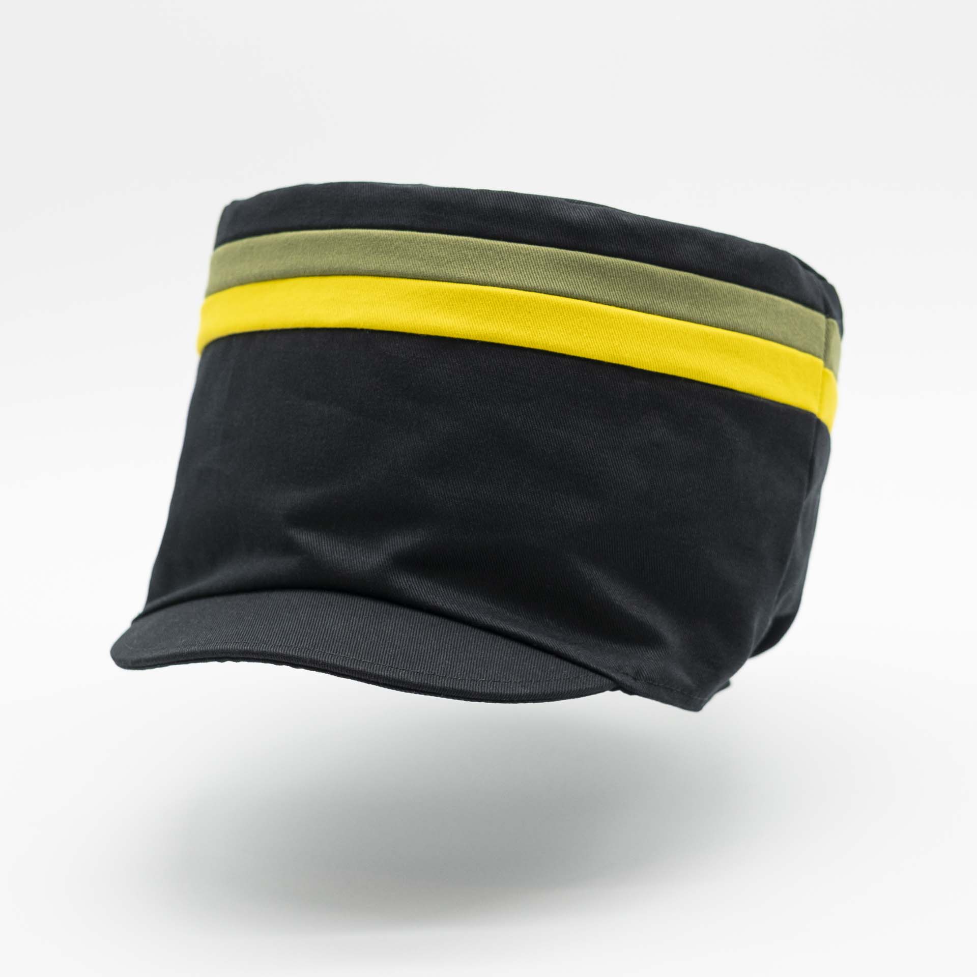 Rasta hat with visor for dreadlocks in black cotton with two yellow green bands on the top of the hat and black lining