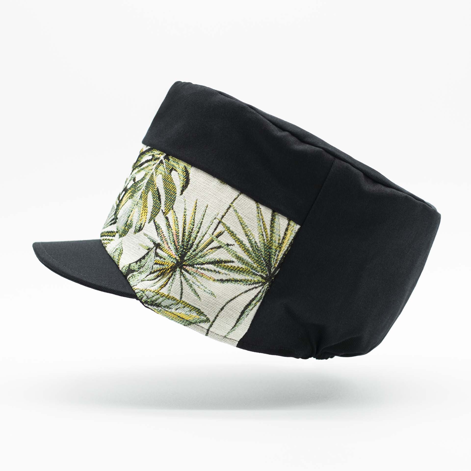 Rasta cap with dreadlocks in black cotton with a front pant in tropical jungle weave black lining