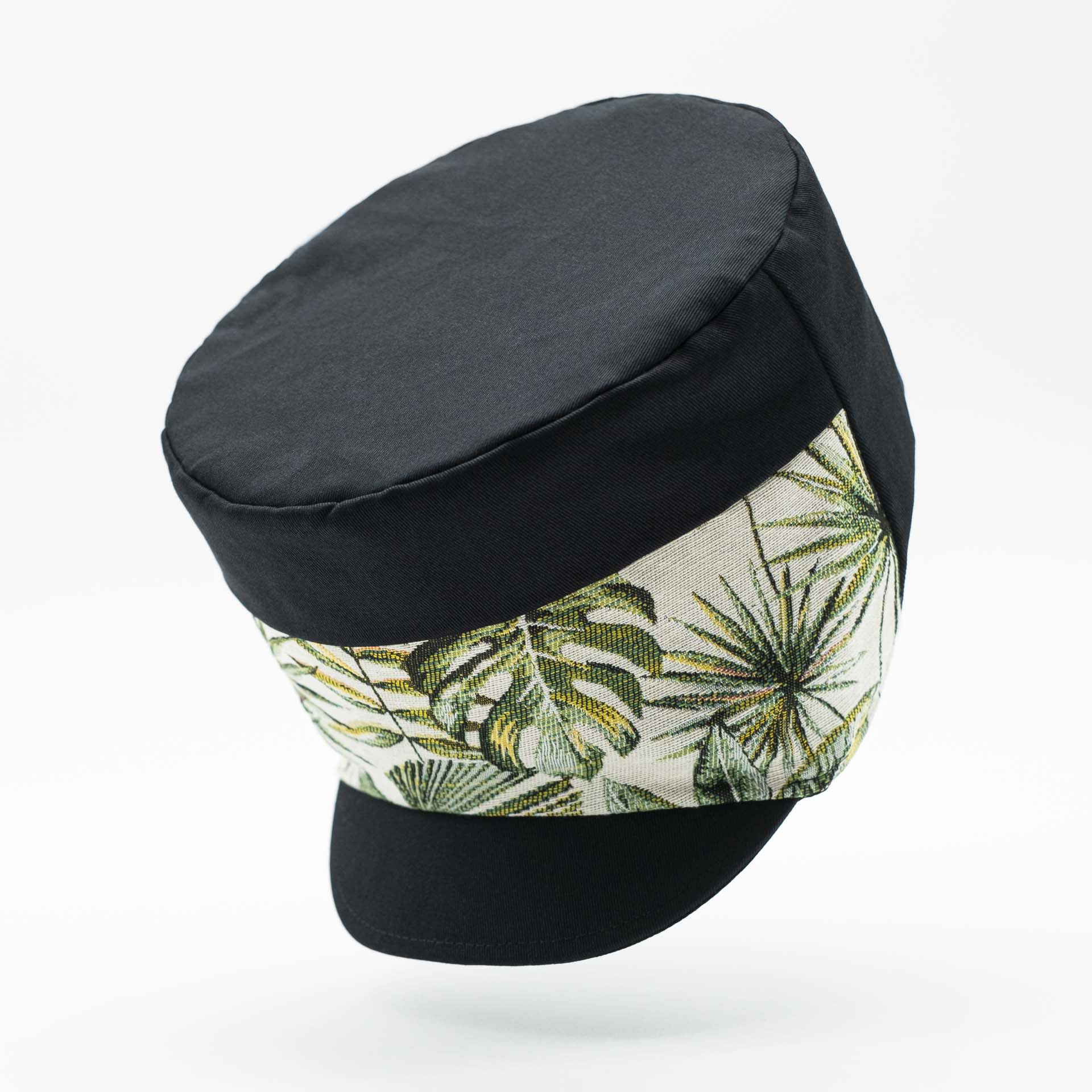 Rasta cap with dreadlocks in black cotton with a front pant in tropical jungle weave black lining