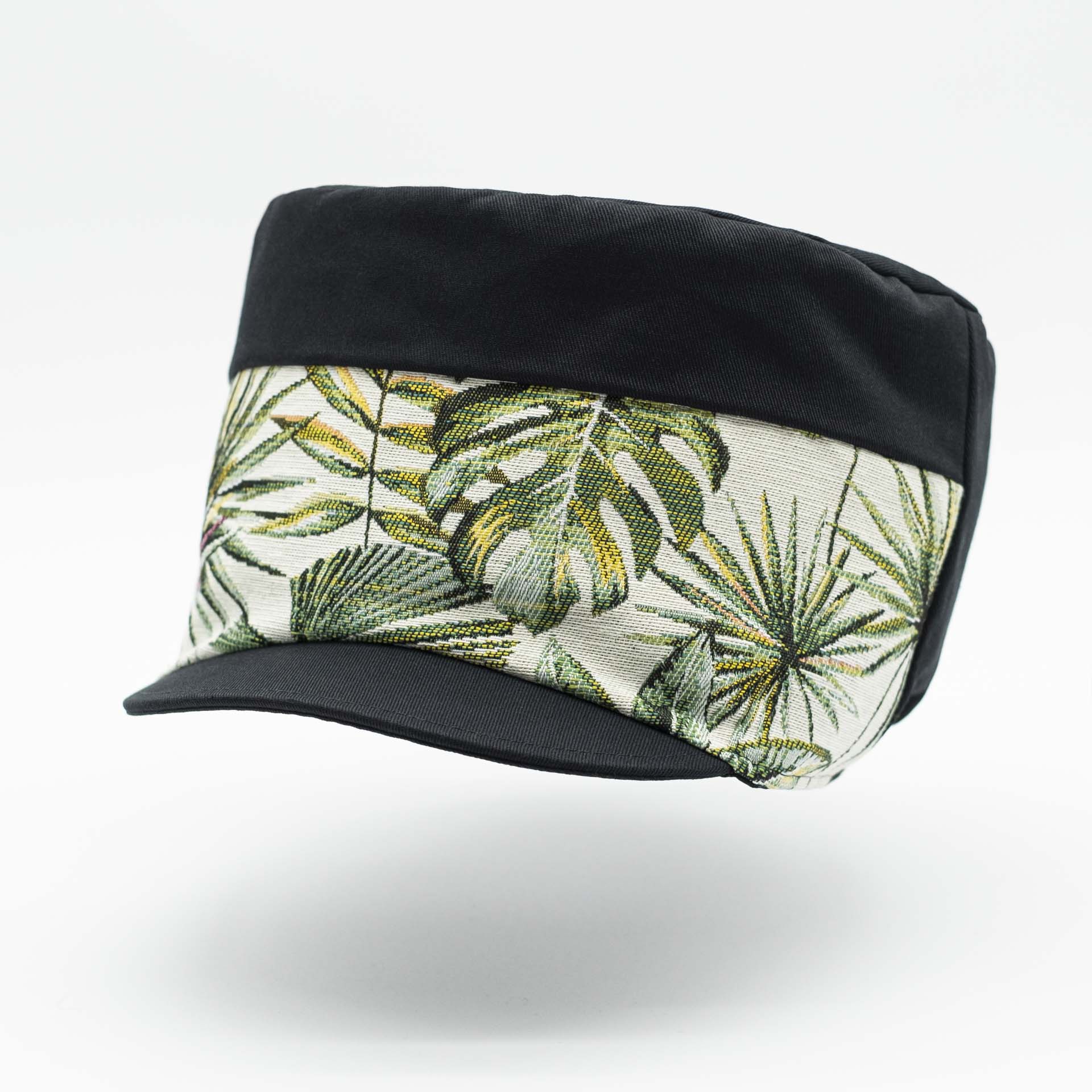 Rasta cap with dreadlocks in black cotton with a front pant in tropical jungle weave black lining