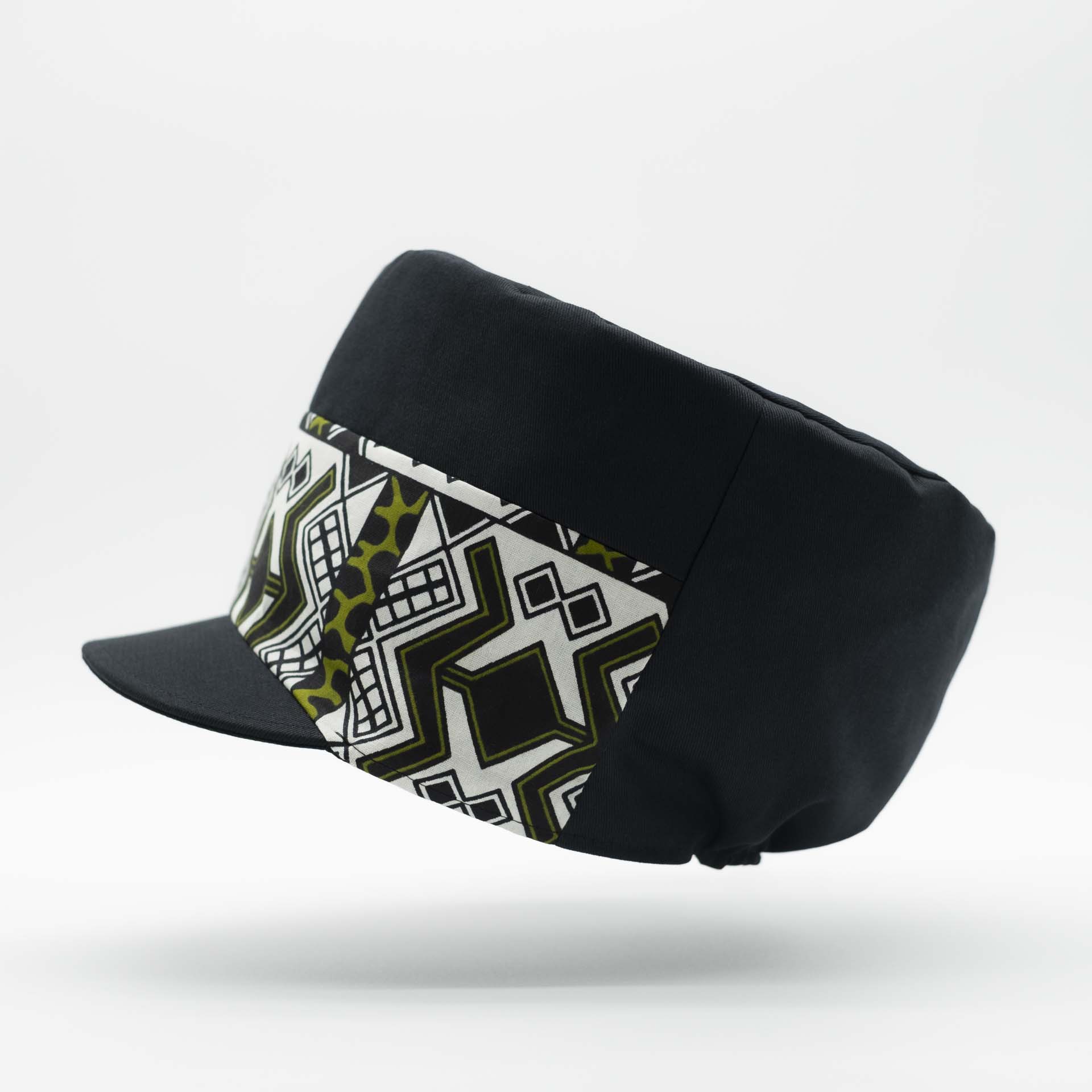 Rasta cap with dreadlocks in black cotton with a front pant facing in wax ethnic patterns black lining