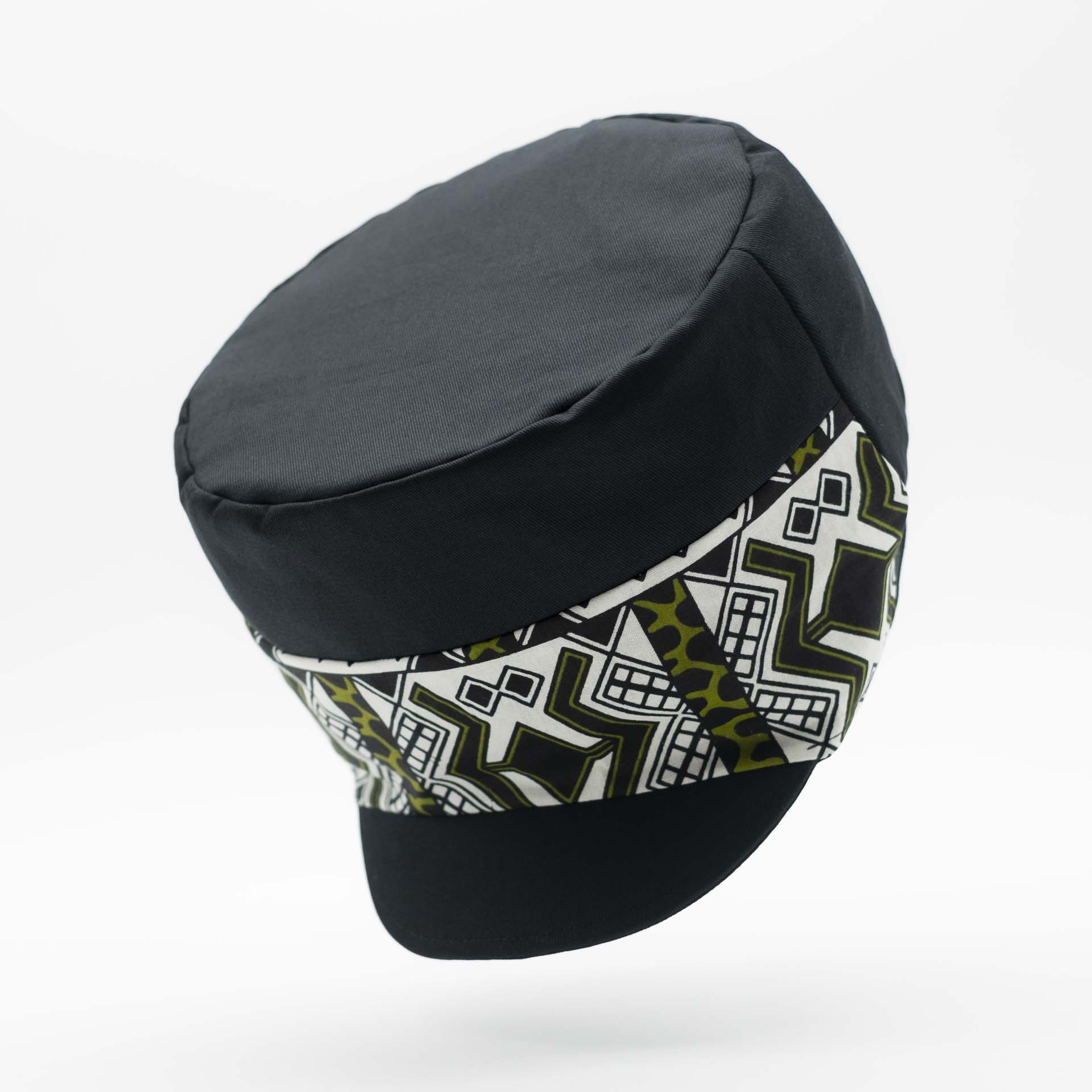 Rasta cap with dreadlocks in black cotton with a front pant facing in wax ethnic patterns black lining