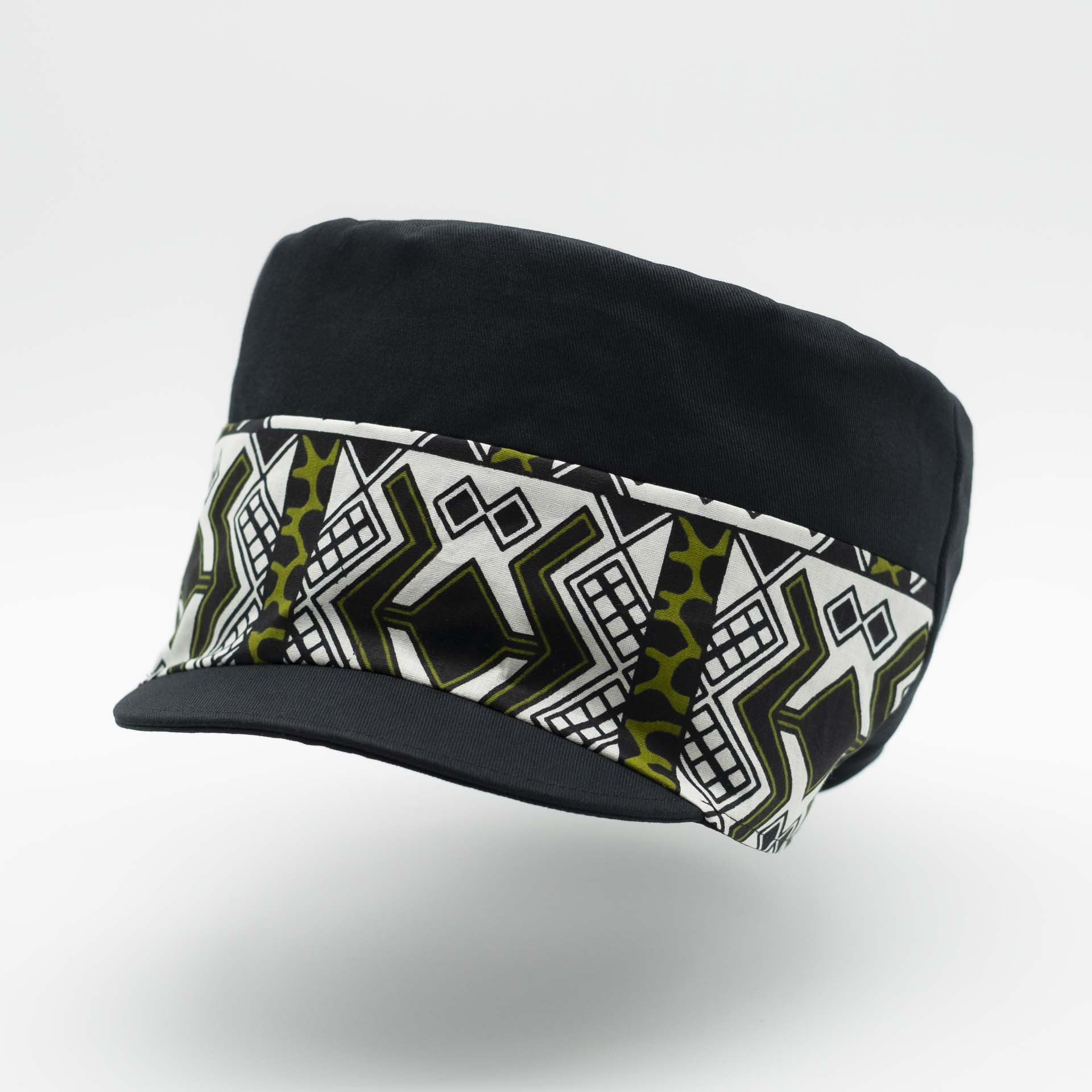 Rasta cap with dreadlocks in black cotton with a front pant facing in wax ethnic patterns black lining