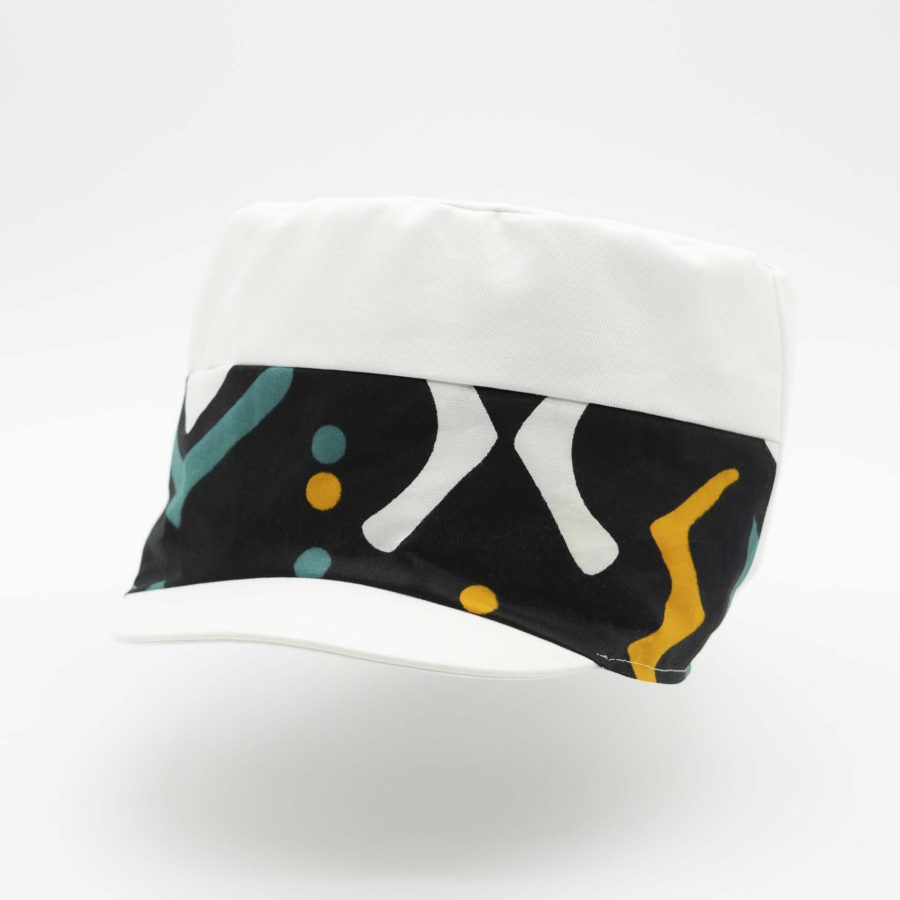 Rasta cap with dreadlocks in white cotton with a front pant facing in wax ethnic patterns white lining