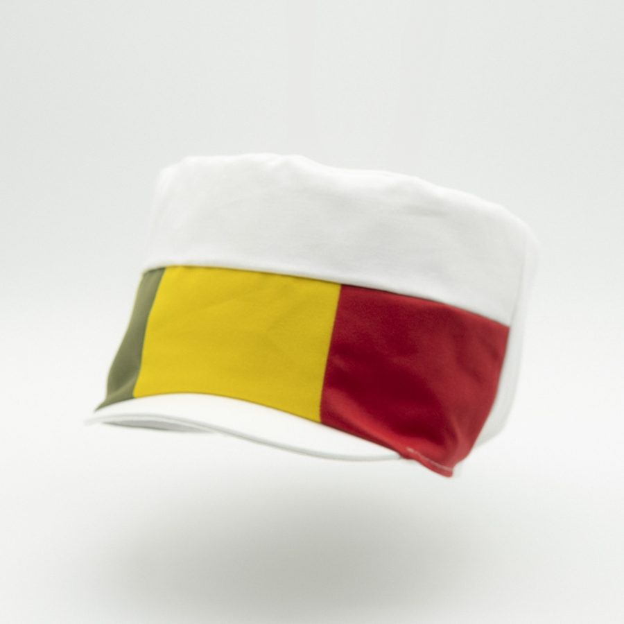 Dreadlocks hat crown with visor in white cotton with a red yellow green panel on the front and a white lining