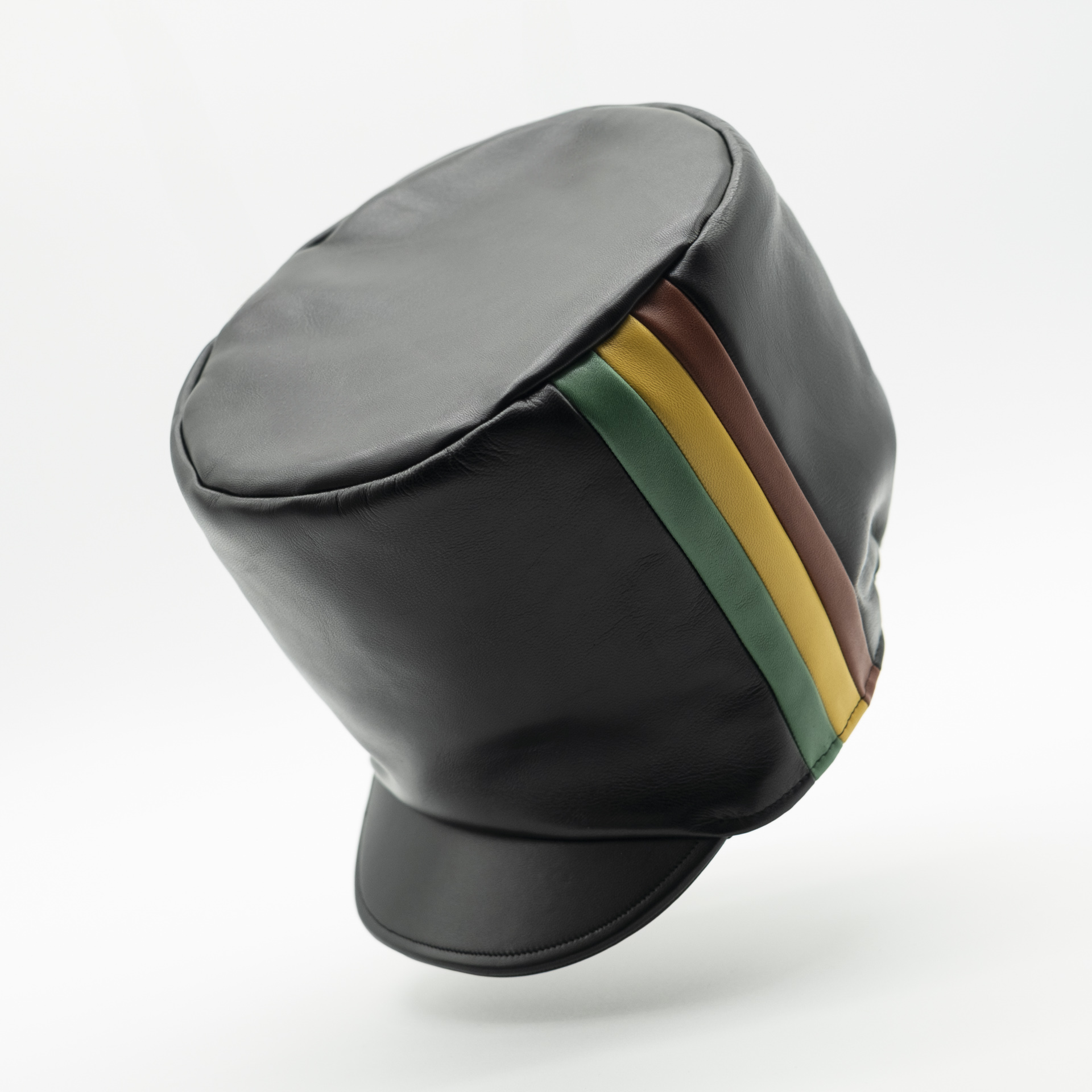 Casquette rastafari au couleur de l'Éthiopie, fait main en véritable cuir d'agneau haute qualité noir, doublé d'un coton noir