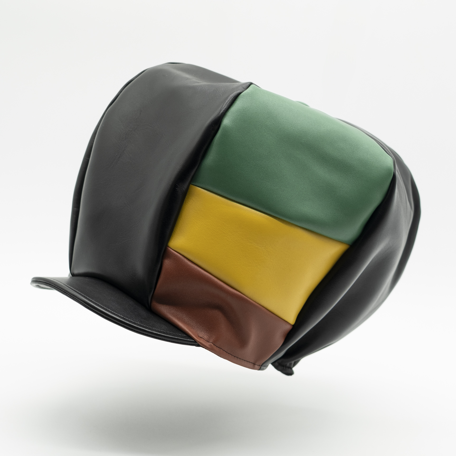 Chapeau rastafari aux couleurs de l'Éthiopie, fait main en véritable cuir d'agneau haute qualité noir, doublé d'un coton noir