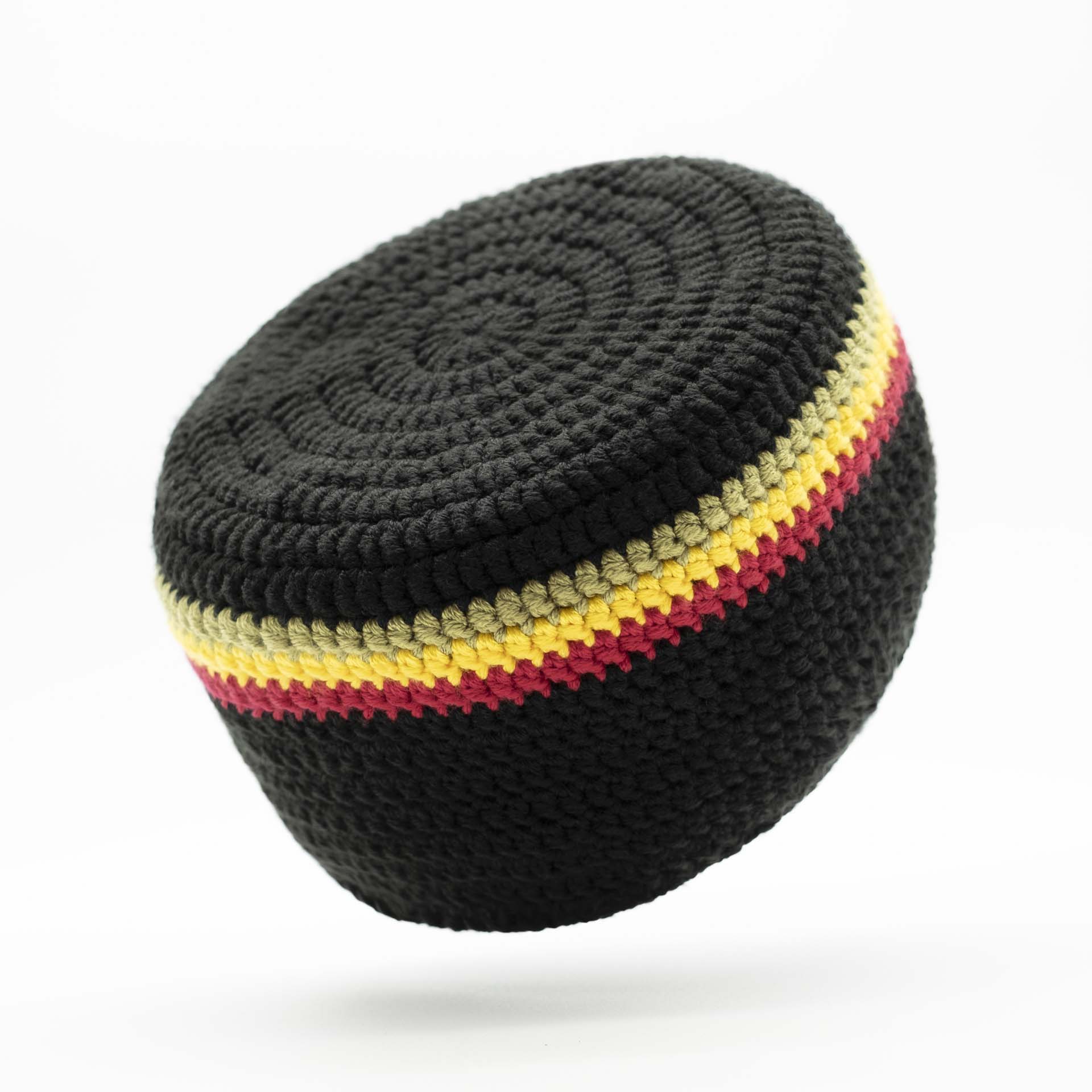 Beanie Rasta for dreadlocks in black color 3 thin stripes green yellow and red on the top of the hat