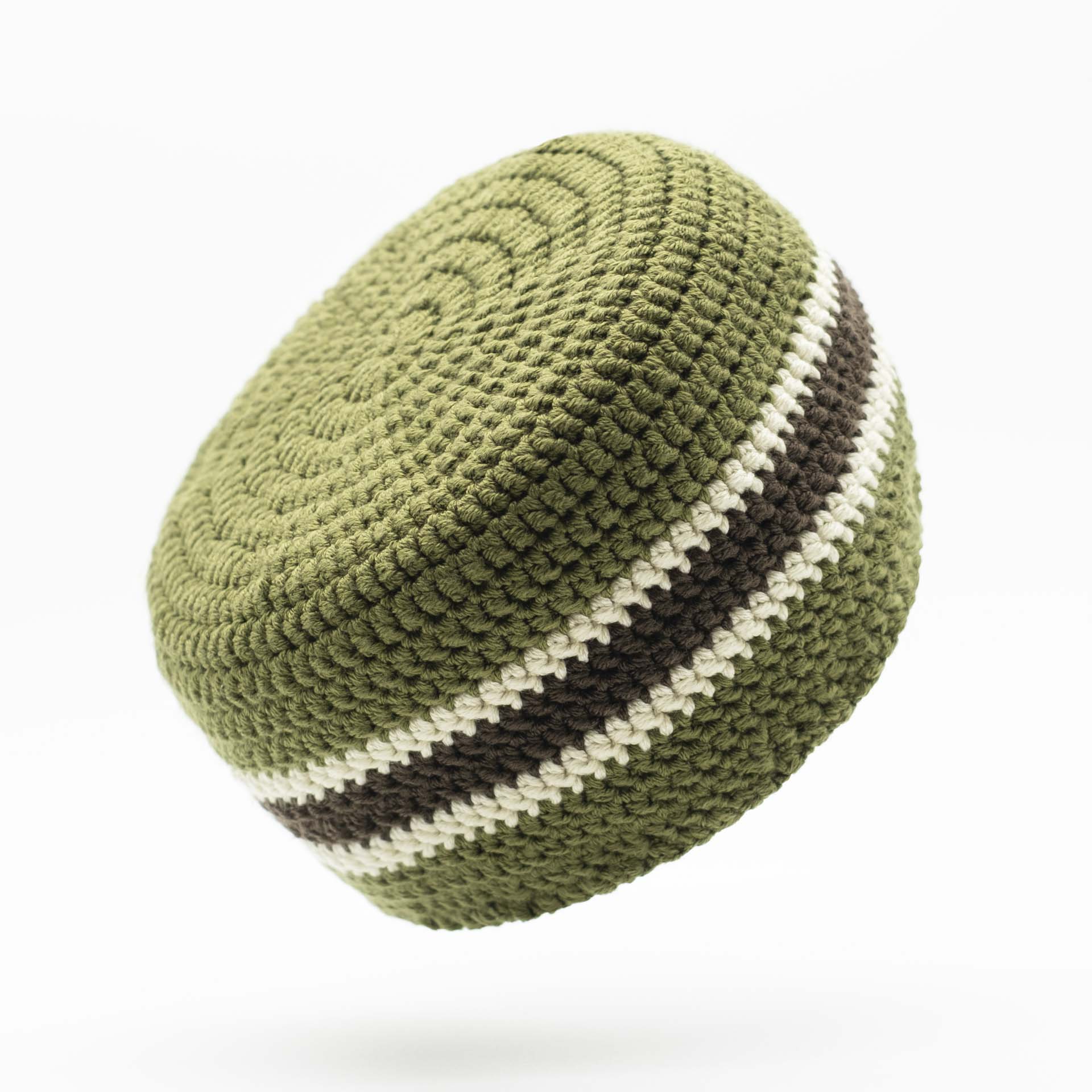 Beanie hat khaki green to put for dreadlocks with a central brown band surrounded by two thin cream bands