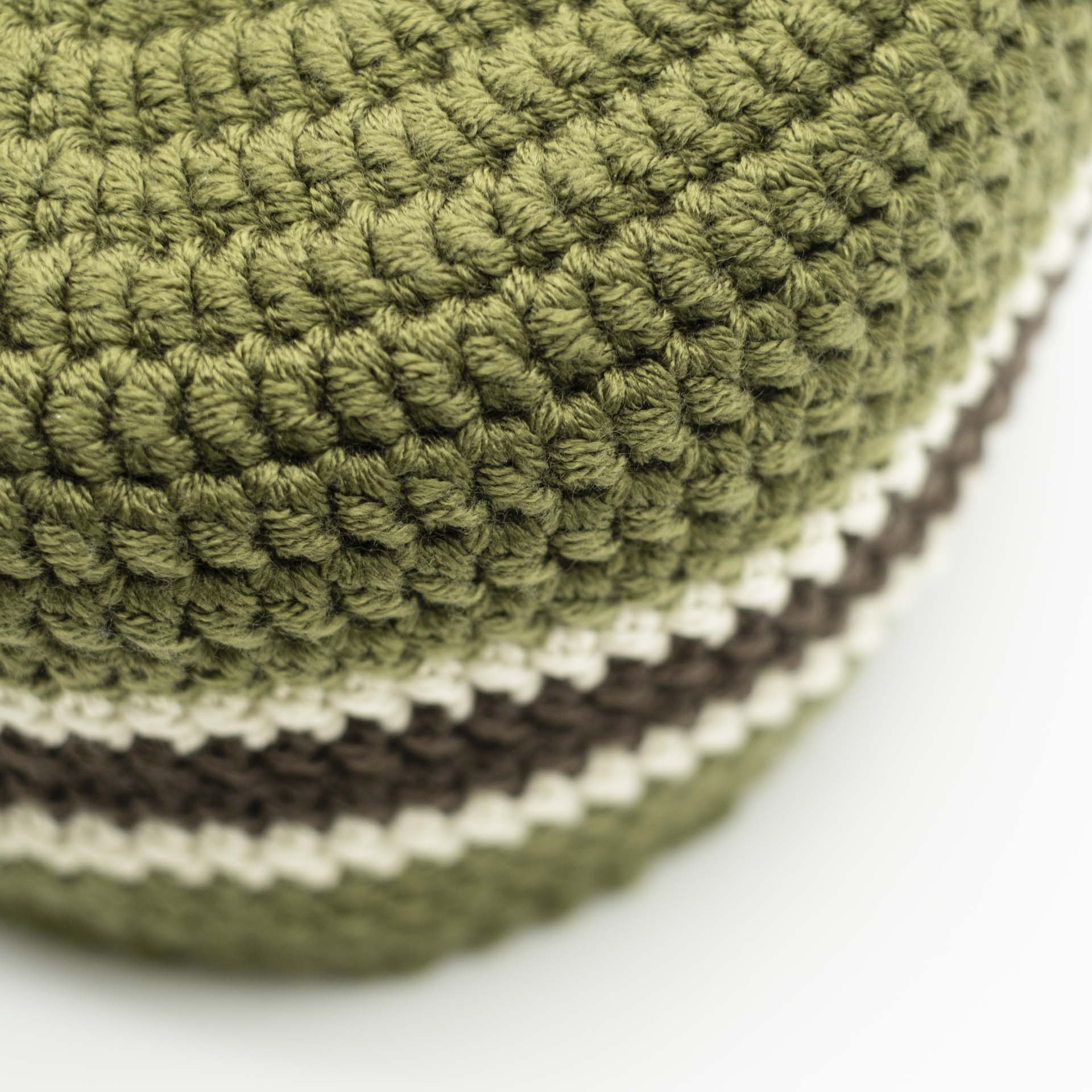 Beanie hat khaki green to put for dreadlocks with a central brown band surrounded by two thin cream bands