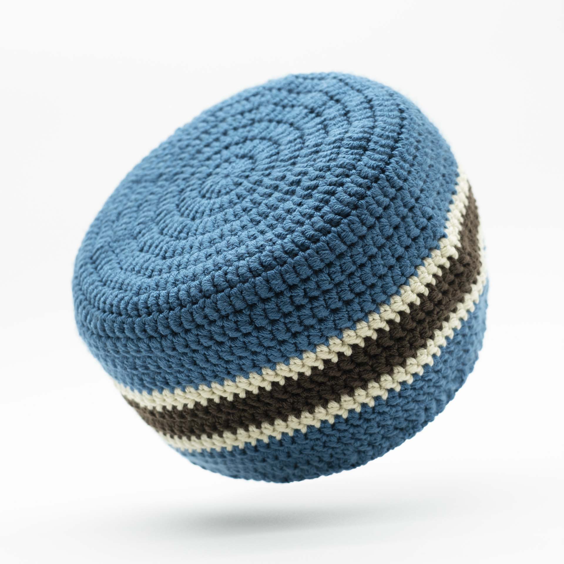 Beanie to put on petrol blue for dreadlocks with a central brown band surrounded by two thin cream bands