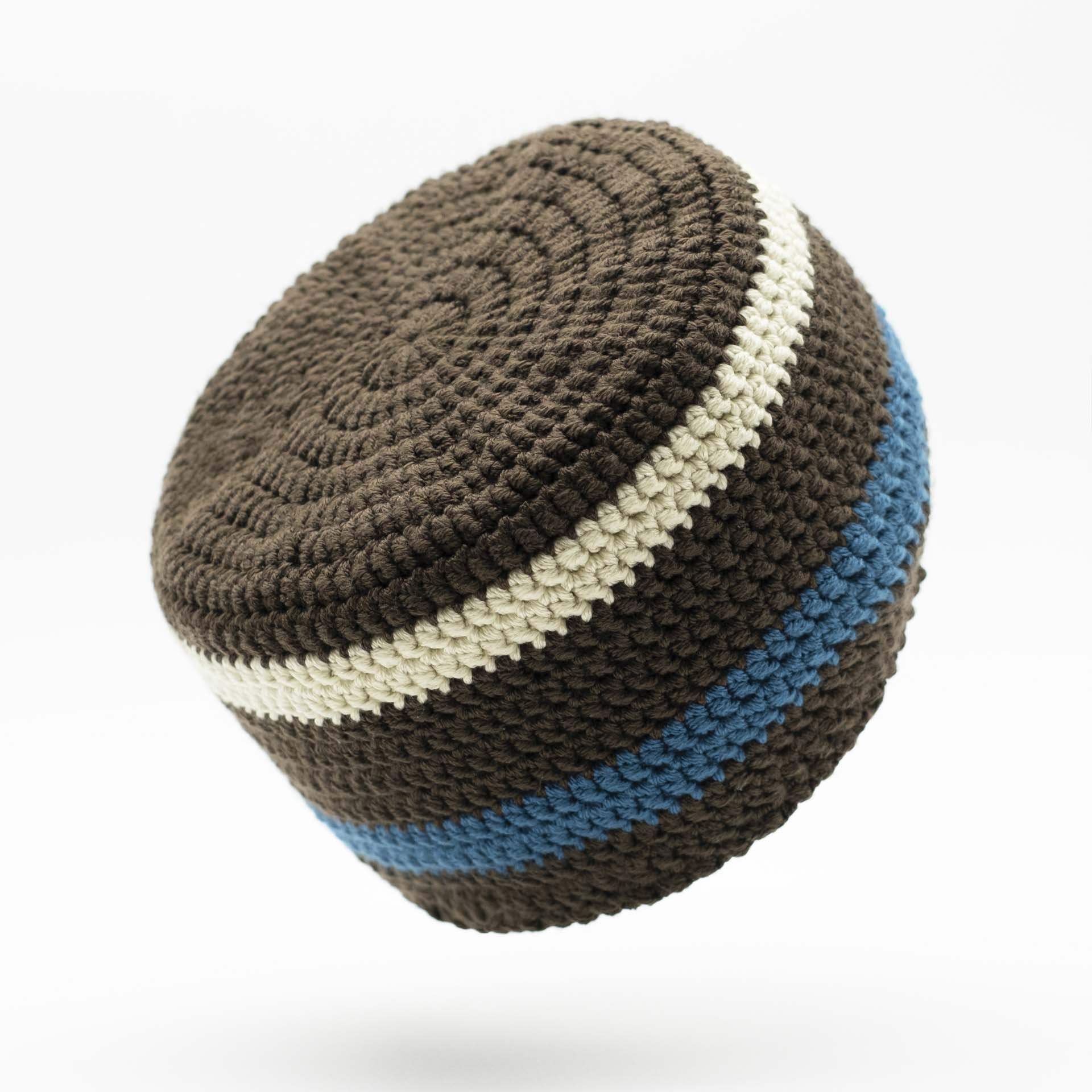 Beanie for dreadlocks brown with a cream band at the top and a blue band at the bottom