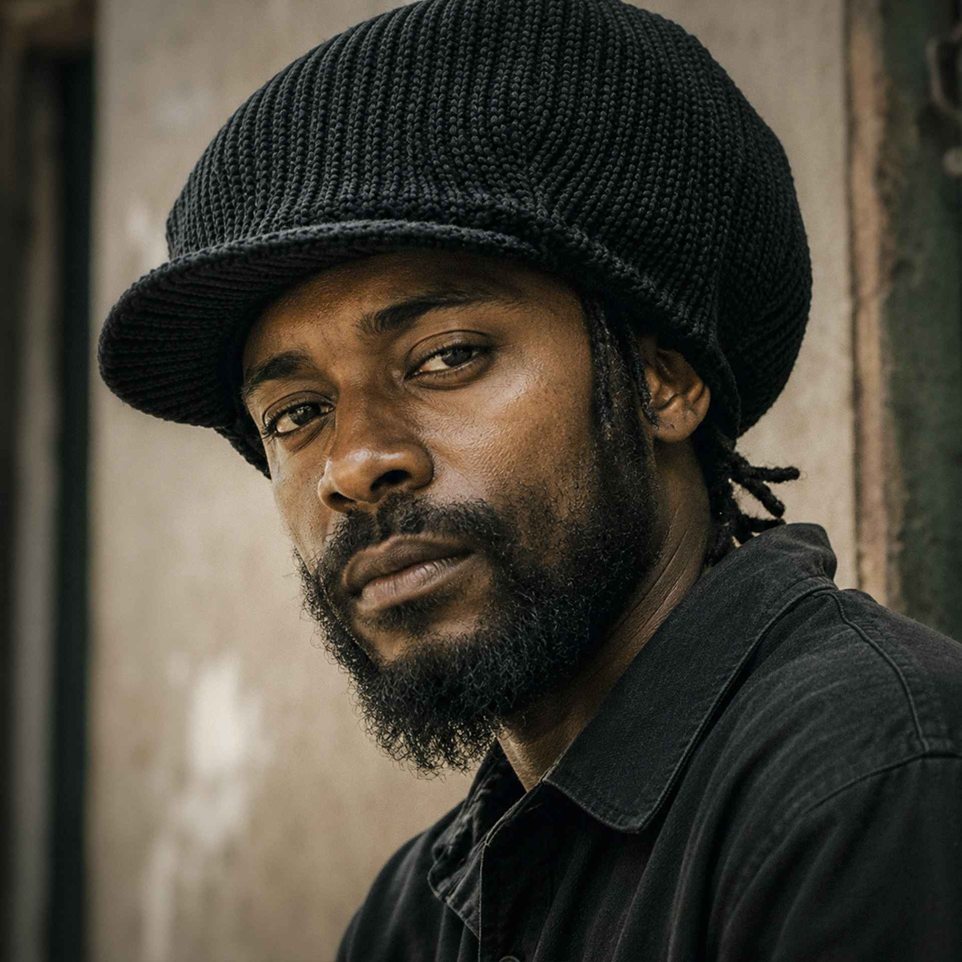 Jamaican man wearing a black textured Rasta cap with short visor for dreadlocks