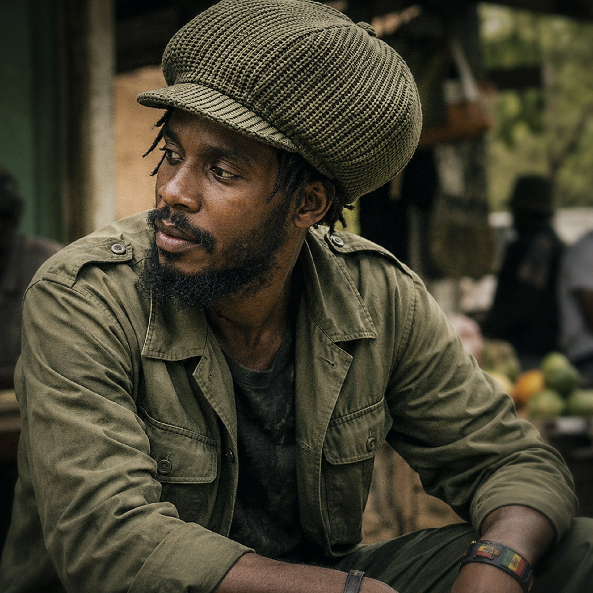 Jamaican man wearing a khaki textured Rasta cap with short visor for dreadlocks