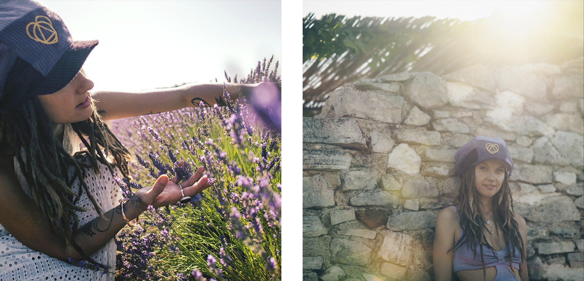 Portraits of reggae artist Lavender Fields wearing a Dreadlocks Nation hat, Lavender Fields Signature Collection, a purple corduroy Rasta newsboy cap with visor for dreadlocks and a white lining