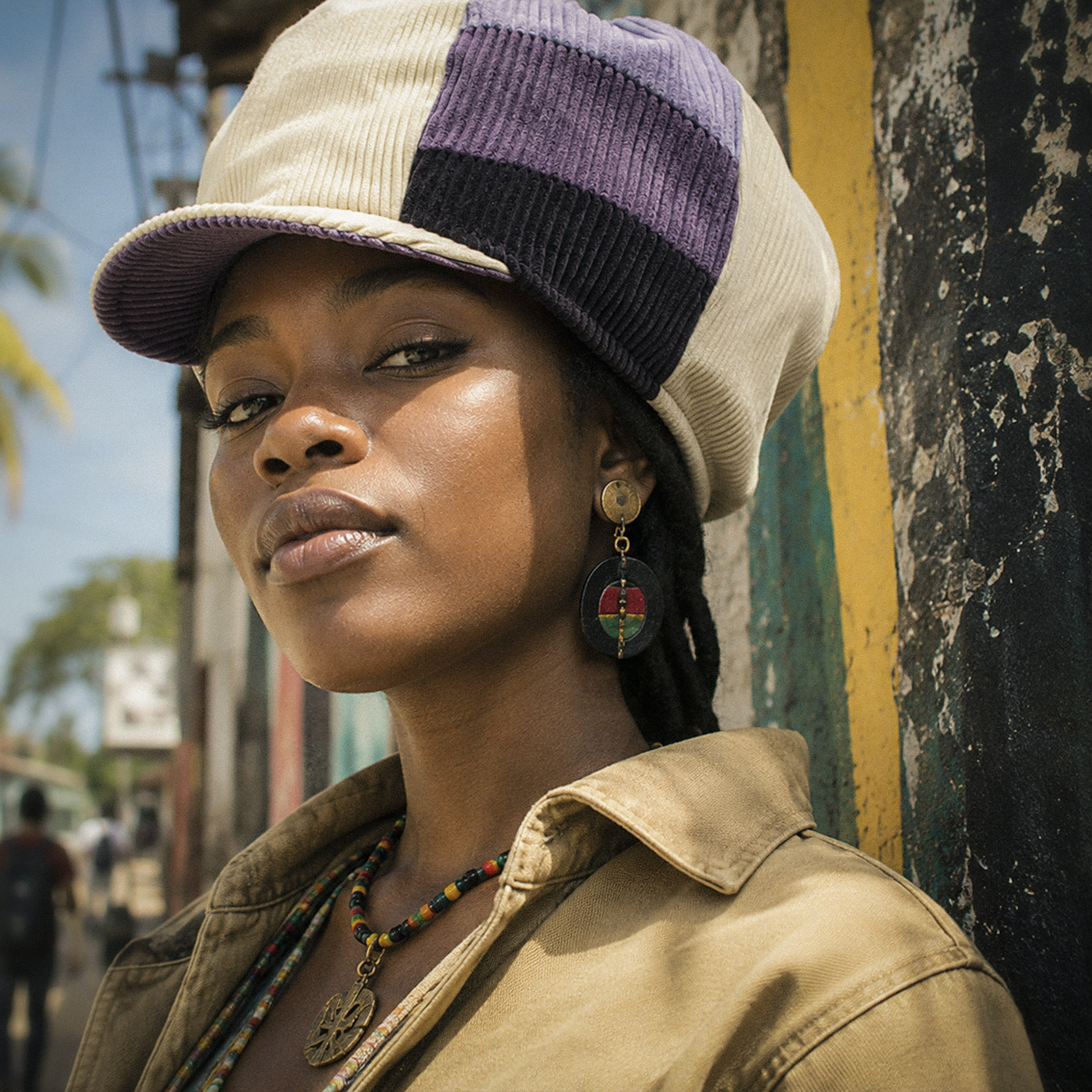 Jamaican woman wearing a cream and purple corduroy Rasta cap for dreadlocks by Dreadlocks Nation
