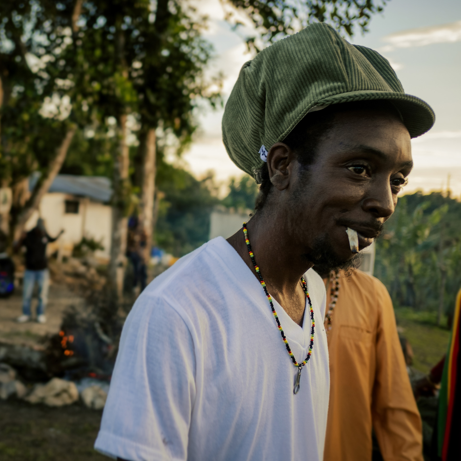 Rasta smoking a spliff and wearing a khaki corduroy dreadlocks hat from the Rocksteady collection