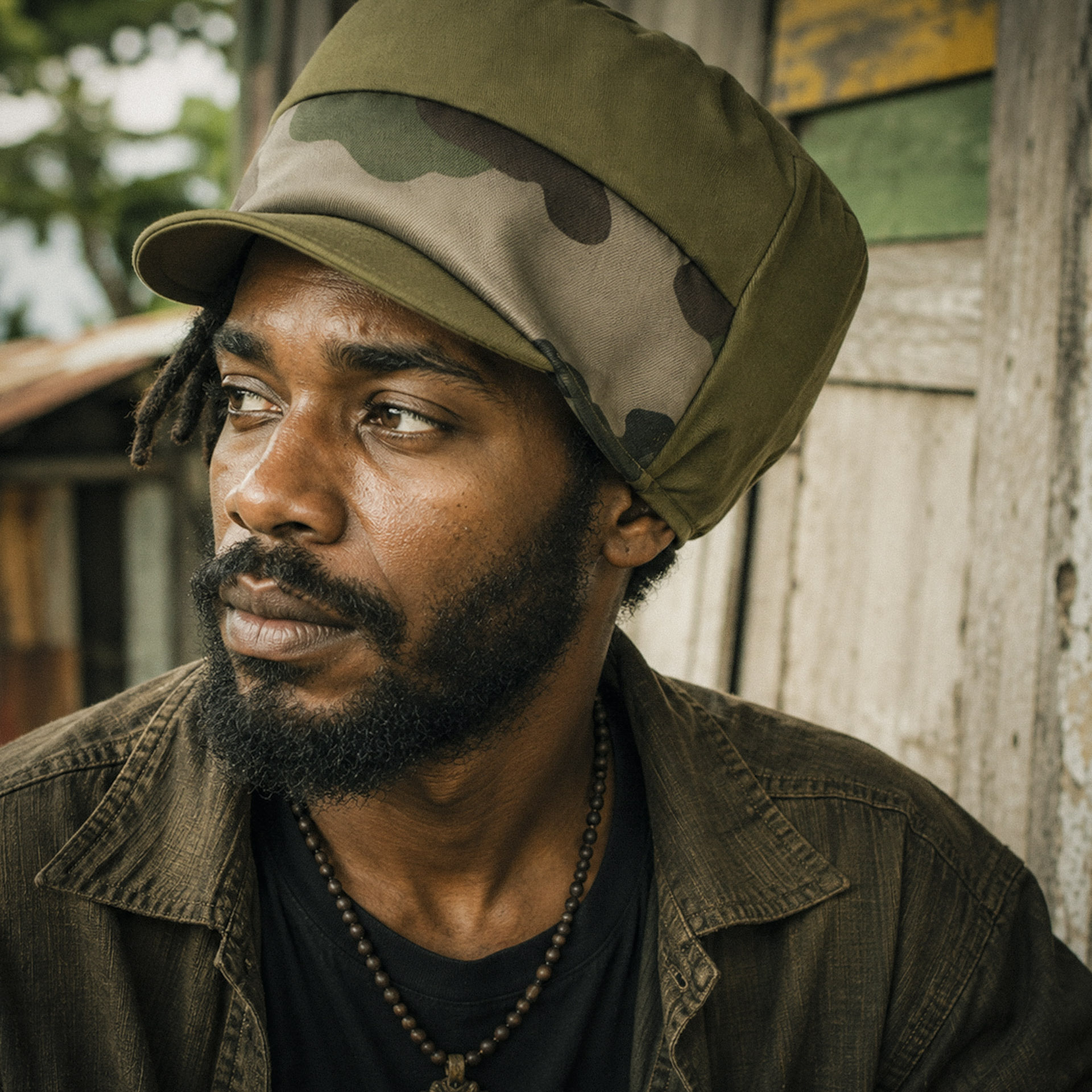 Jamaican man wearing a khaki and camouflage Rasta cap for dreadlocks by Dreadlocks Nation