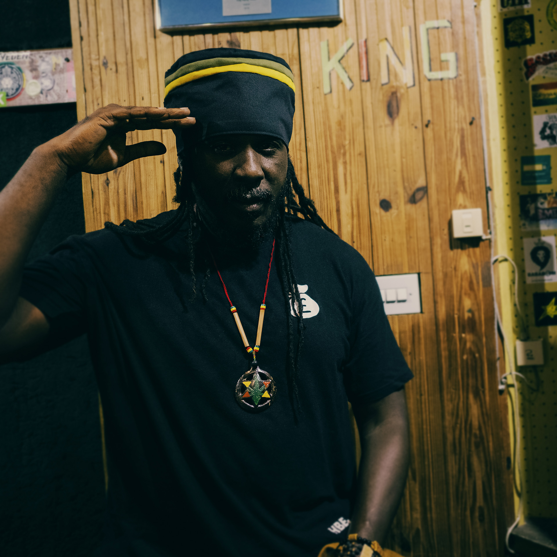 Militant Rasta at Tuff Gong with a Jamaican striped dreadlocks crown