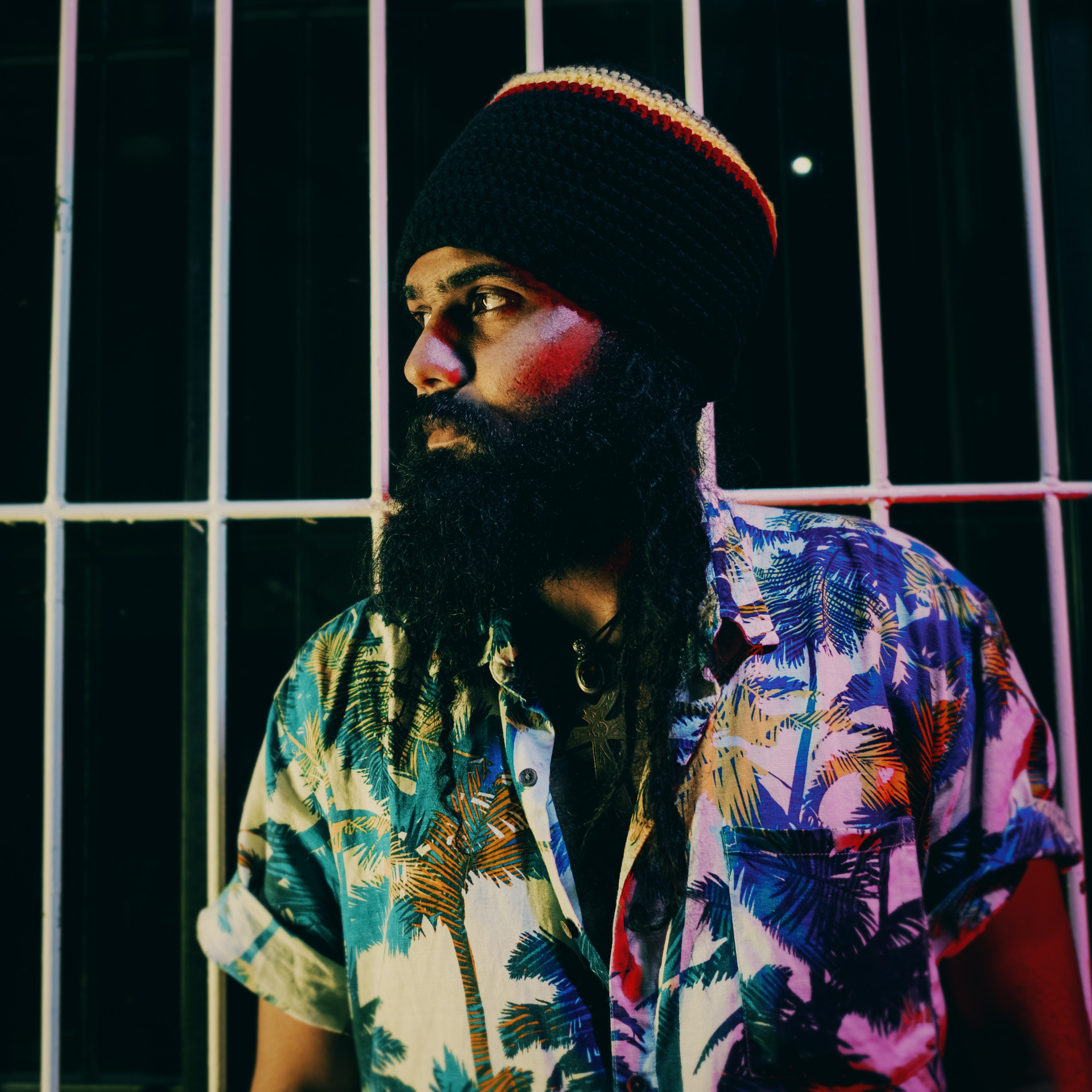 Portrait of an international Jamaican singer at Tuff Gong Studio with a black striped red gold and green wool dreadlocks hat
