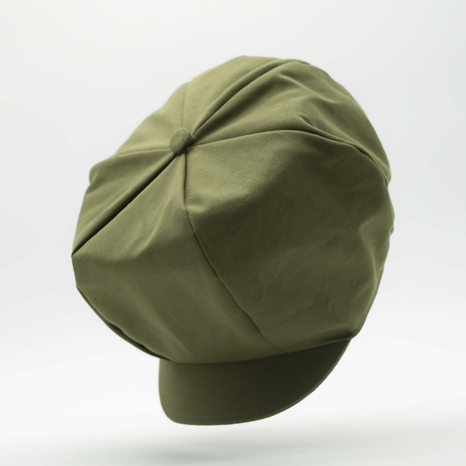 Rasta newsboy cap with visor for dreadlocks in khaki green cotton and ecru lining