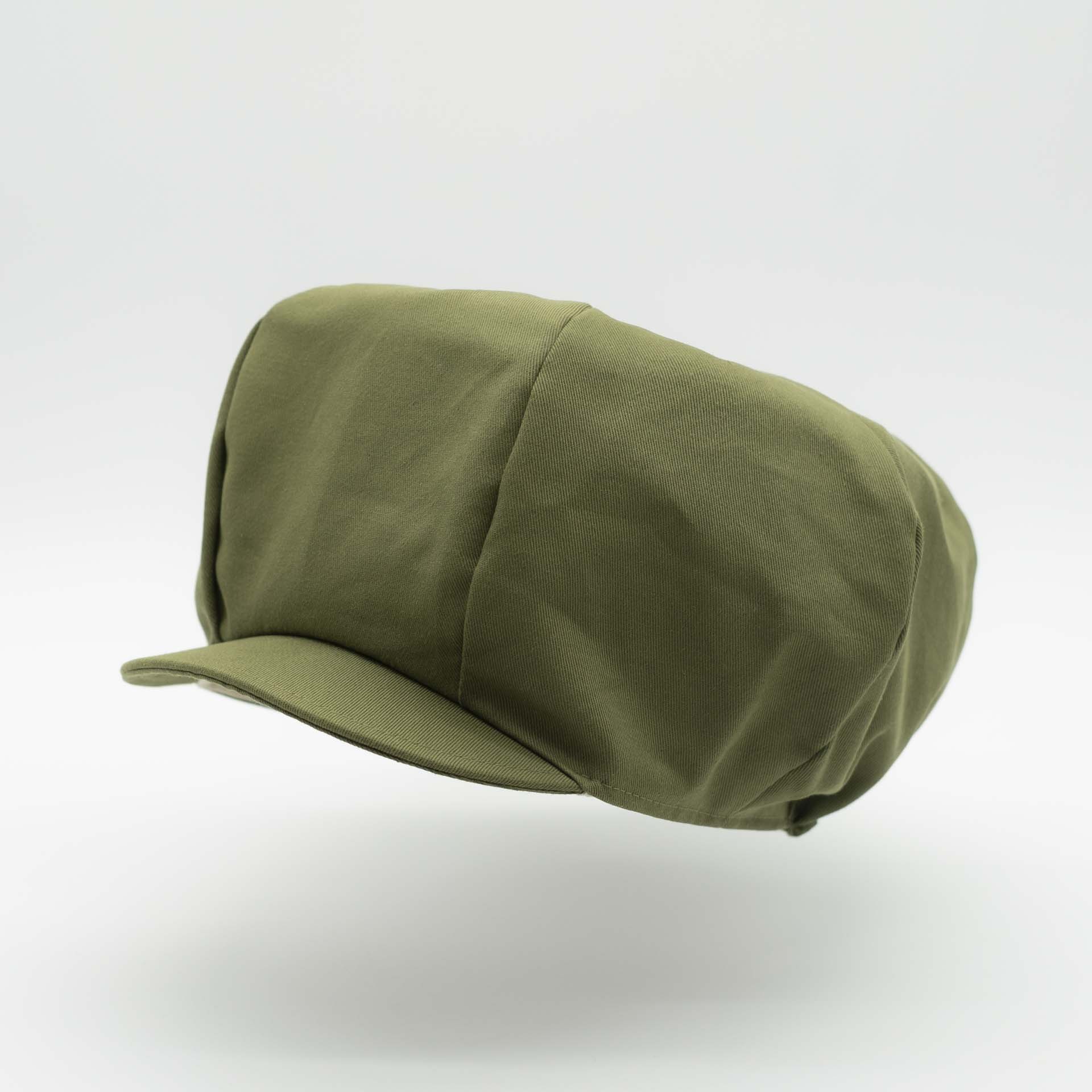 Rasta newsboy cap with visor for dreadlocks in khaki green cotton and ecru lining