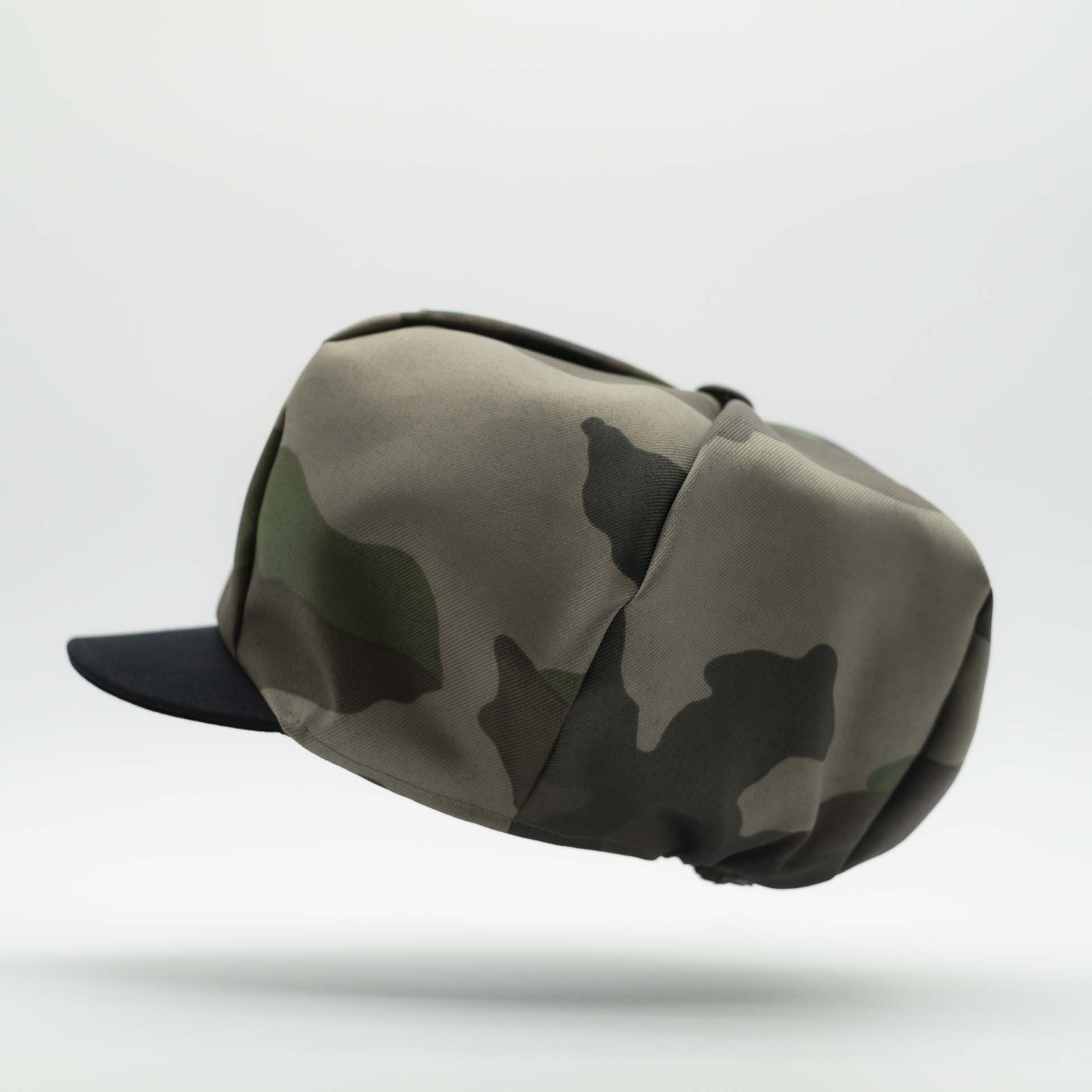 Rasta newsboy cap with visor for dreadlocks in military camouflage fabric and black lining