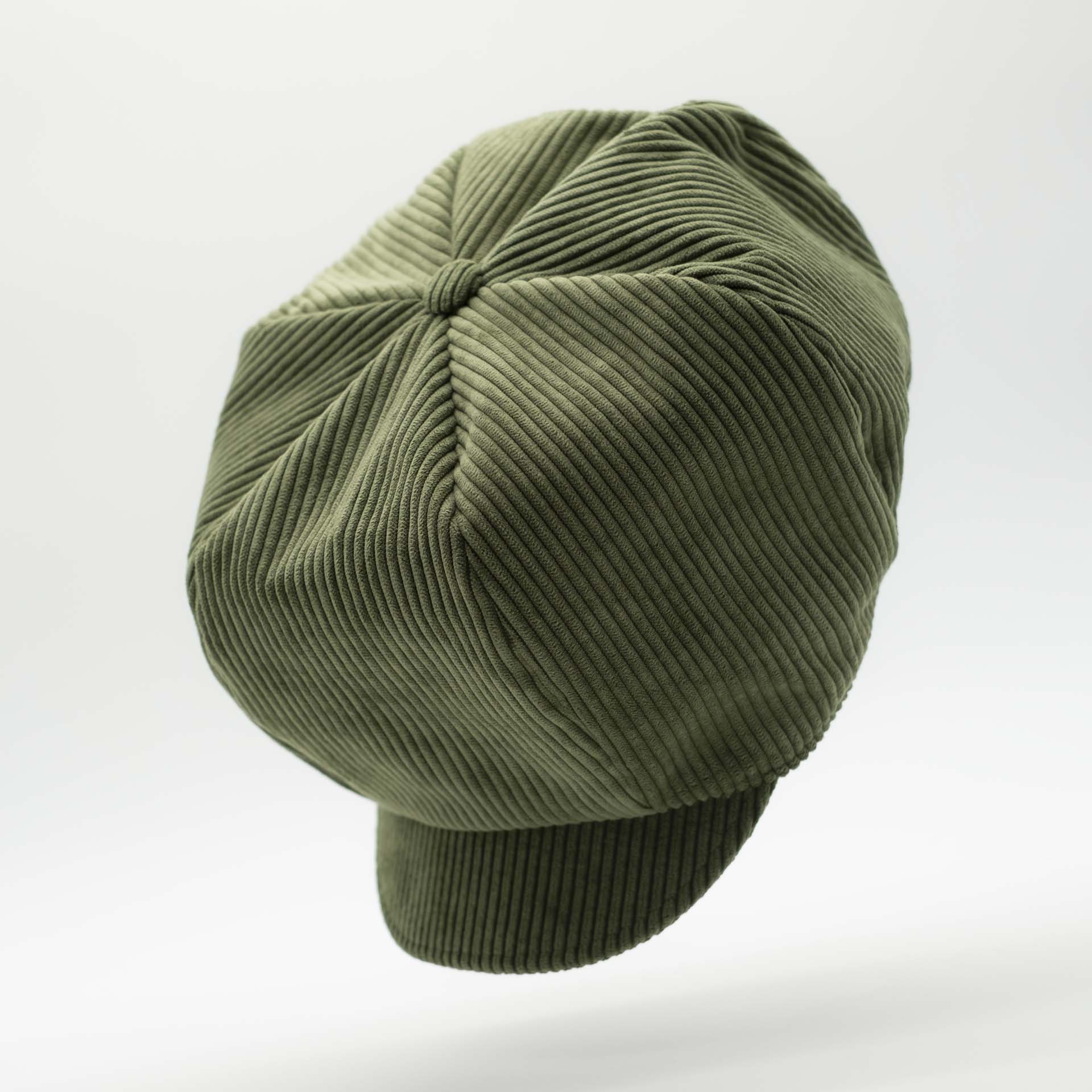 Rasta newsboy cap with visor for dreadlocks in khaki green corduroy and ecru lining