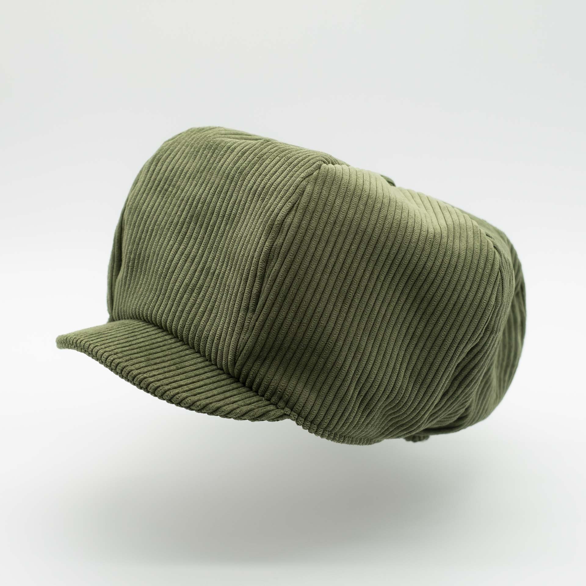 Rasta newsboy cap with visor for dreadlocks in khaki green corduroy and ecru lining