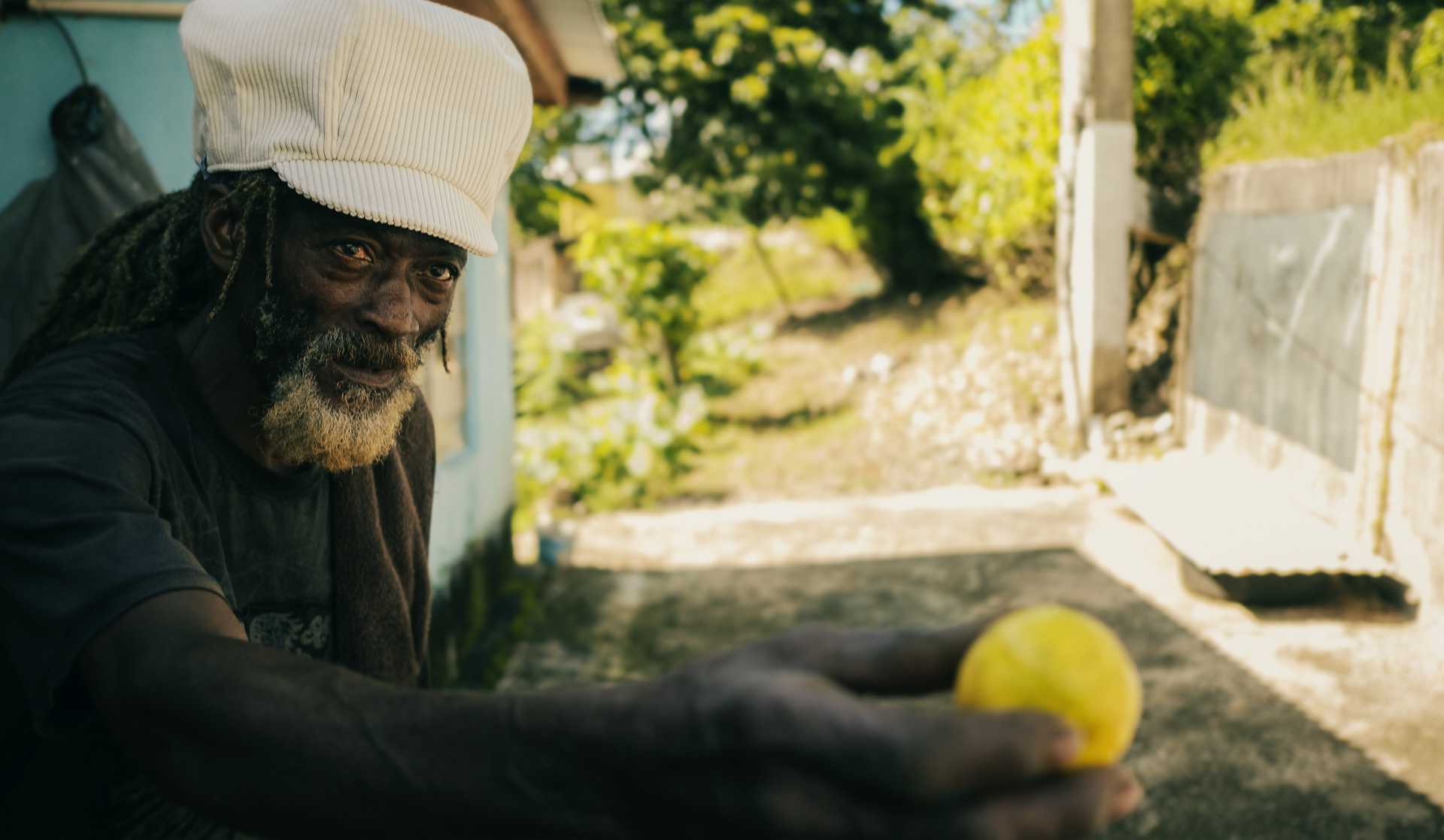 Rastaman with a corduroy dreadlocks hat offers us an fruit